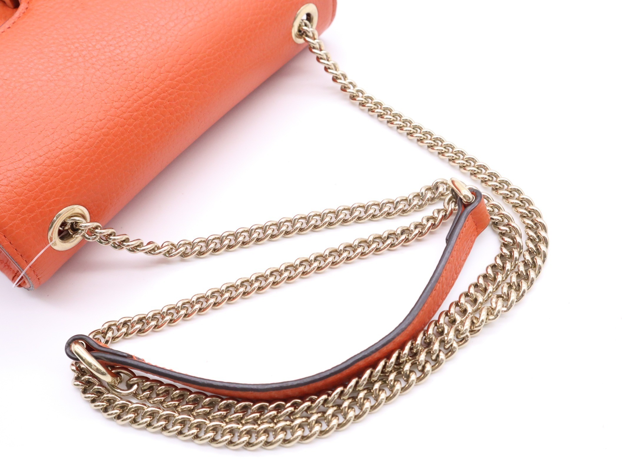 Leather Interlocking Chain Shoulder Bag, Orange — view 6