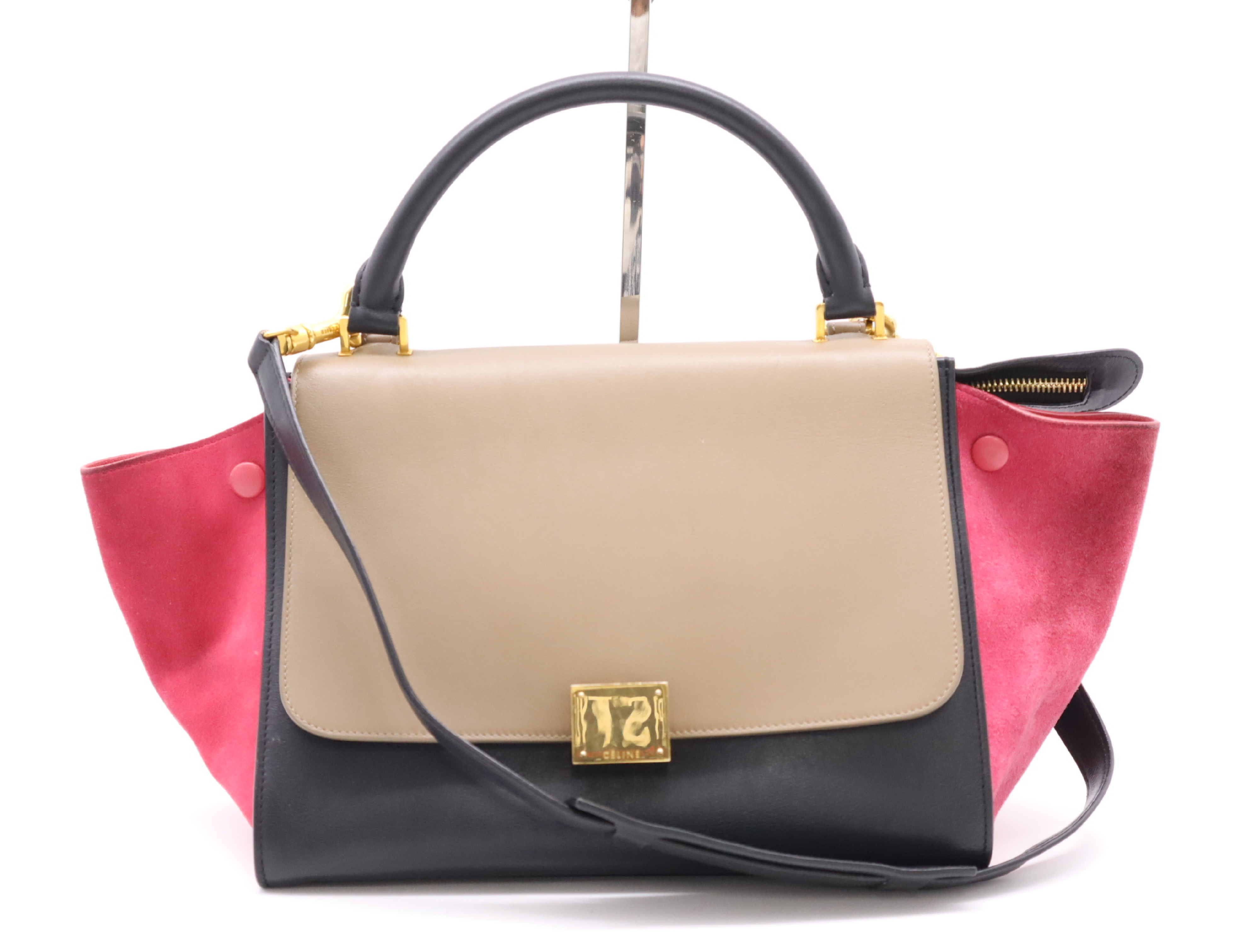 Leather Small Trapeze 2way Handbag Black Beige Pink GD Metal Fittings with Shoulder Strap Handbag