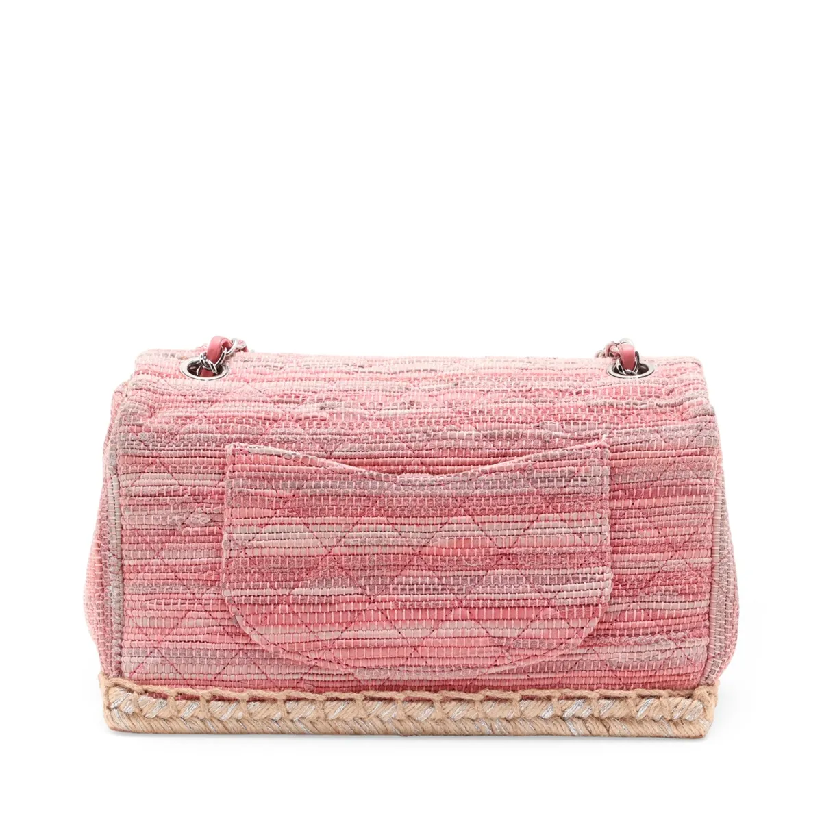 Matelassé Fabric x Leather Single Flap Double Chain Bag, Pink x Beige, Silver Hardware, Item No. 14421383, Series 14 — view 2