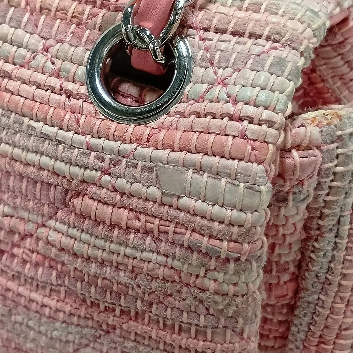 Matelassé Fabric x Leather Single Flap Double Chain Bag, Pink x Beige, Silver Hardware, Item No. 14421383, Series 14 — view 12