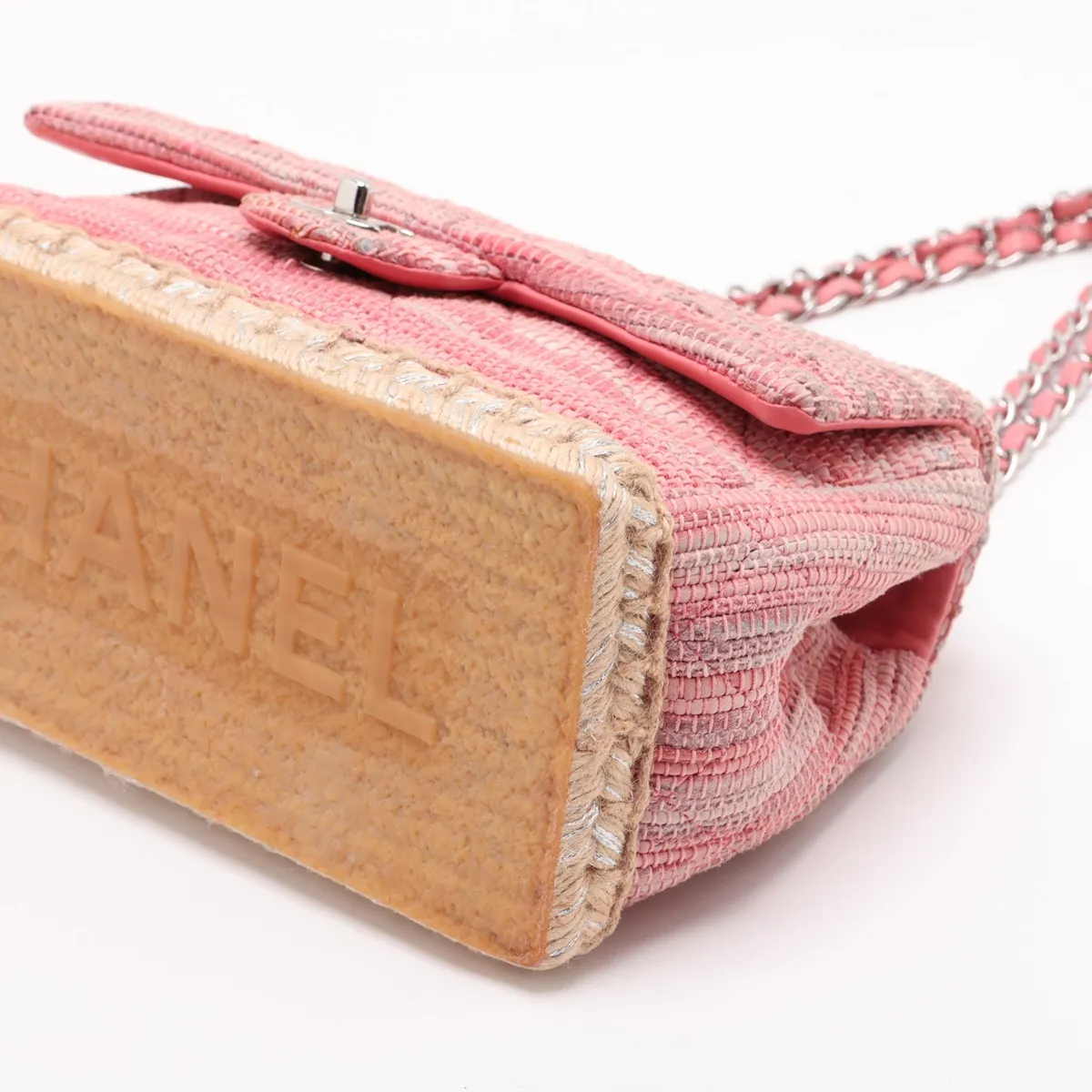 Matelassé Fabric x Leather Single Flap Double Chain Bag, Pink x Beige, Silver Hardware, Item No. 14421383, Series 14 — view 3