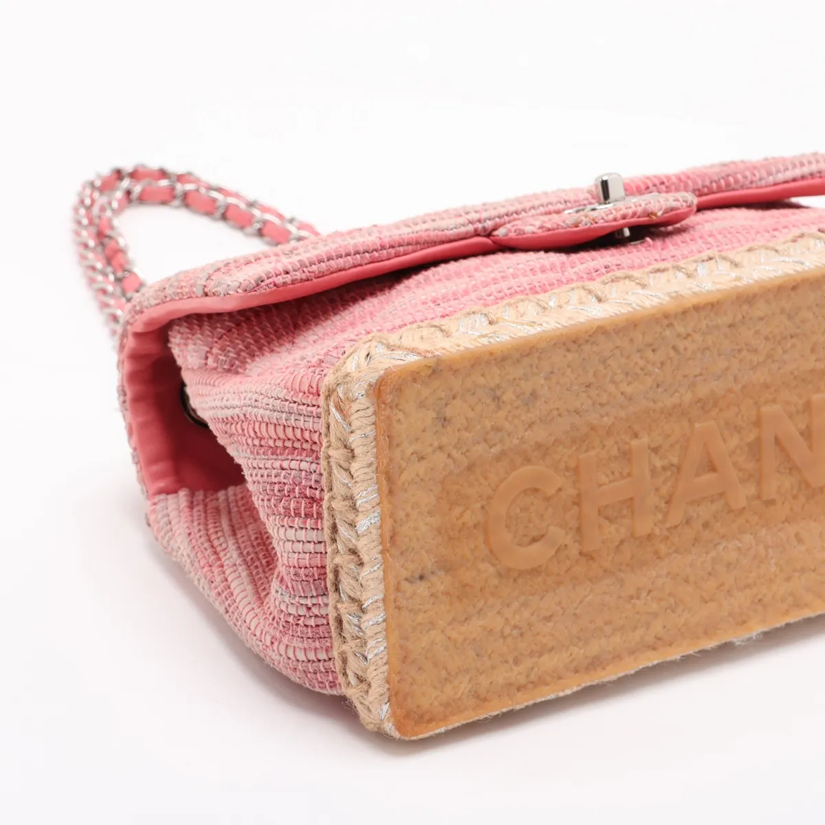 Matelassé Fabric x Leather Single Flap Double Chain Bag, Pink x Beige, Silver Hardware, Item No. 14421383, Series 14 — view 4