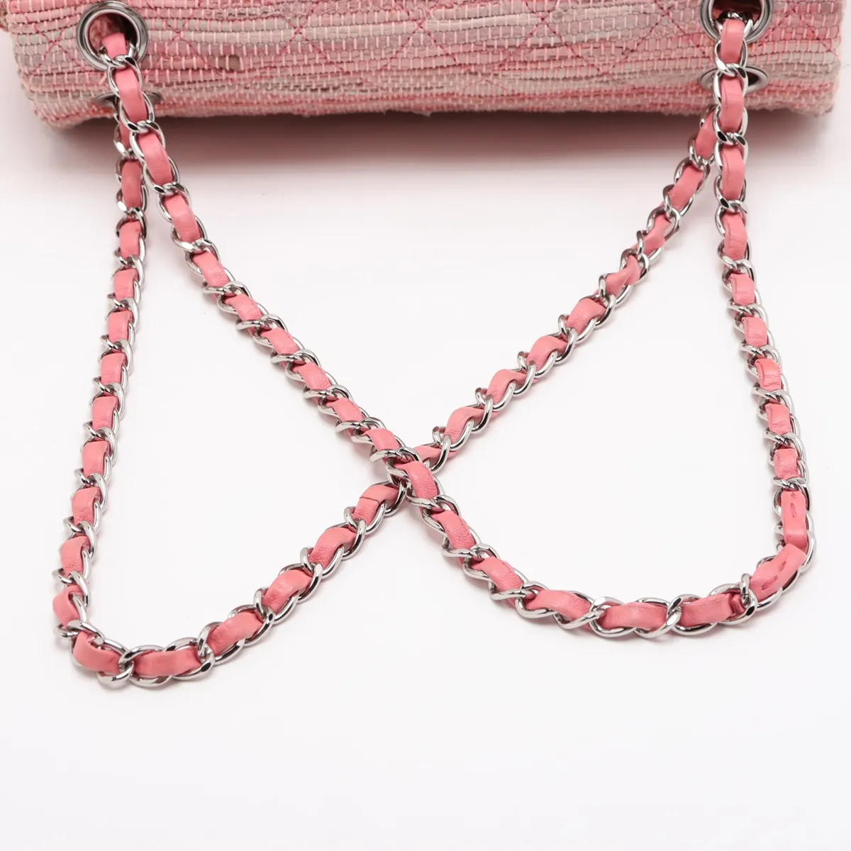Matelassé Fabric x Leather Single Flap Double Chain Bag, Pink x Beige, Silver Hardware, Item No. 14421383, Series 14 — view 5