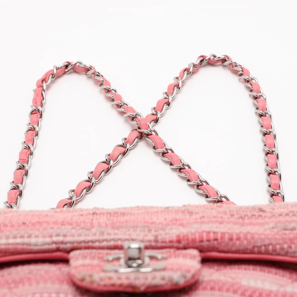 Matelassé Fabric x Leather Single Flap Double Chain Bag, Pink x Beige, Silver Hardware, Item No. 14421383, Series 14 — view 6