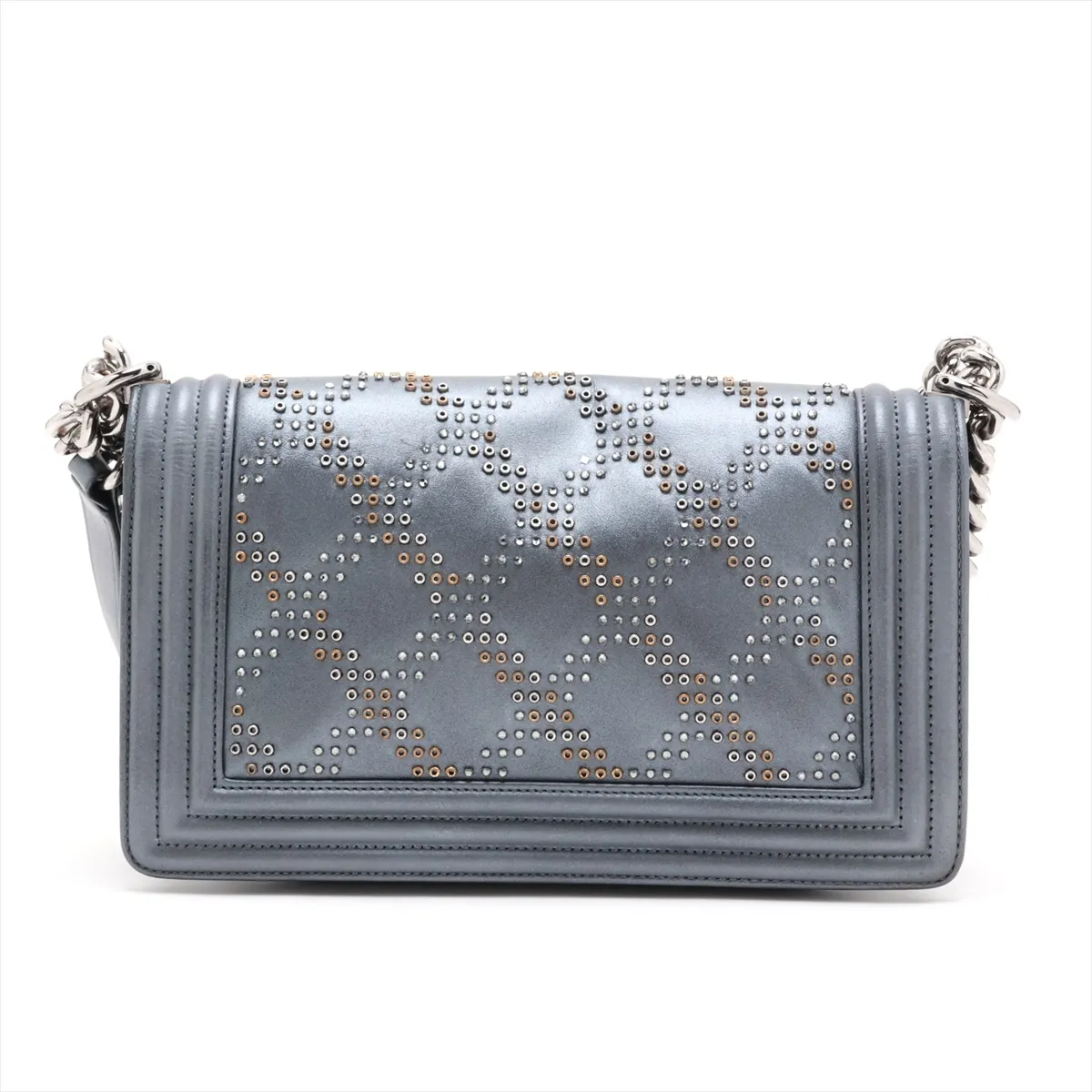 Boy Chanel Leather x Rhinestone Chain Shoulder Bag, Gray, Silver Hardware, 25627449, Serial Number — view 2