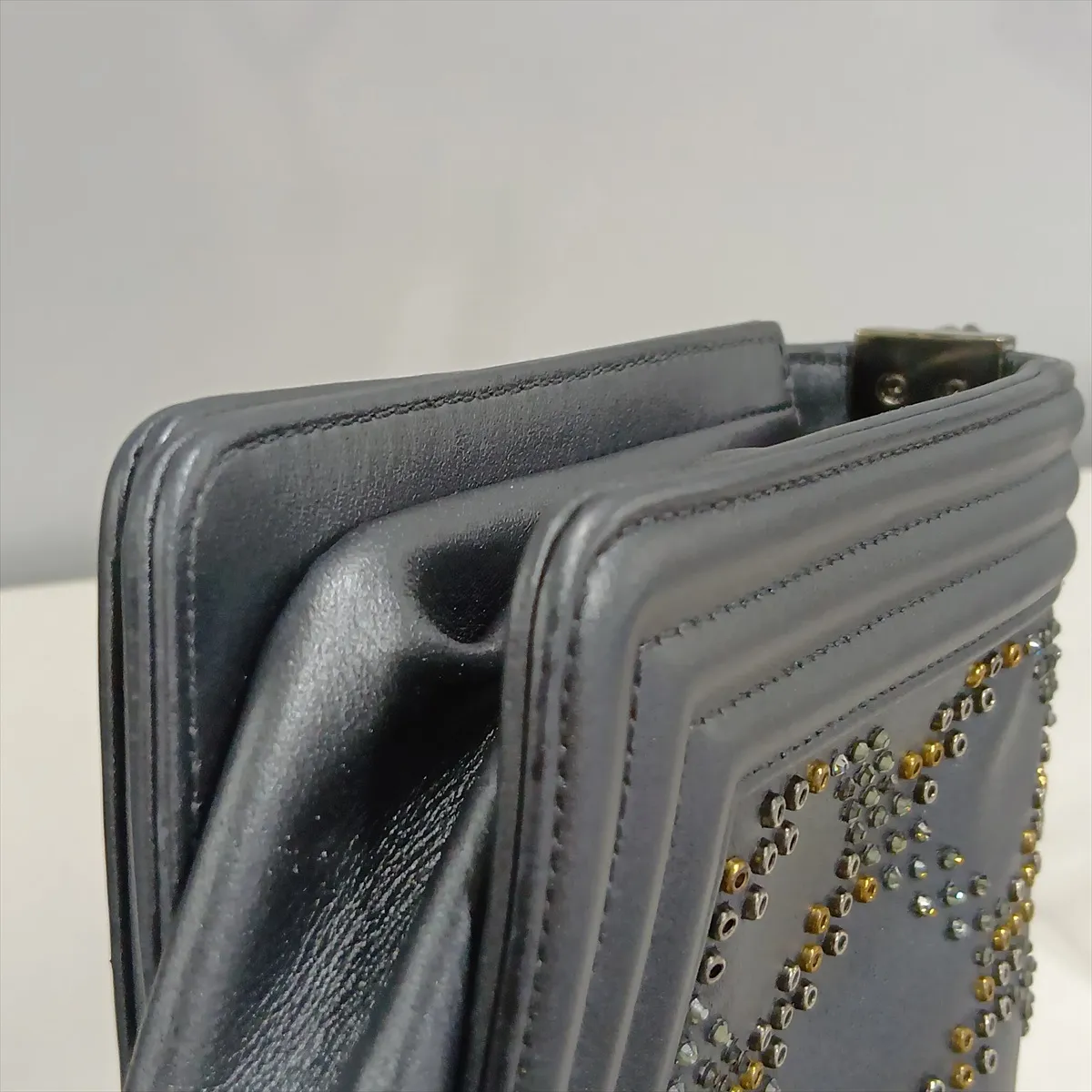 Boy Chanel Leather x Rhinestone Chain Shoulder Bag, Gray, Silver Hardware, 25627449, Serial Number — view 15