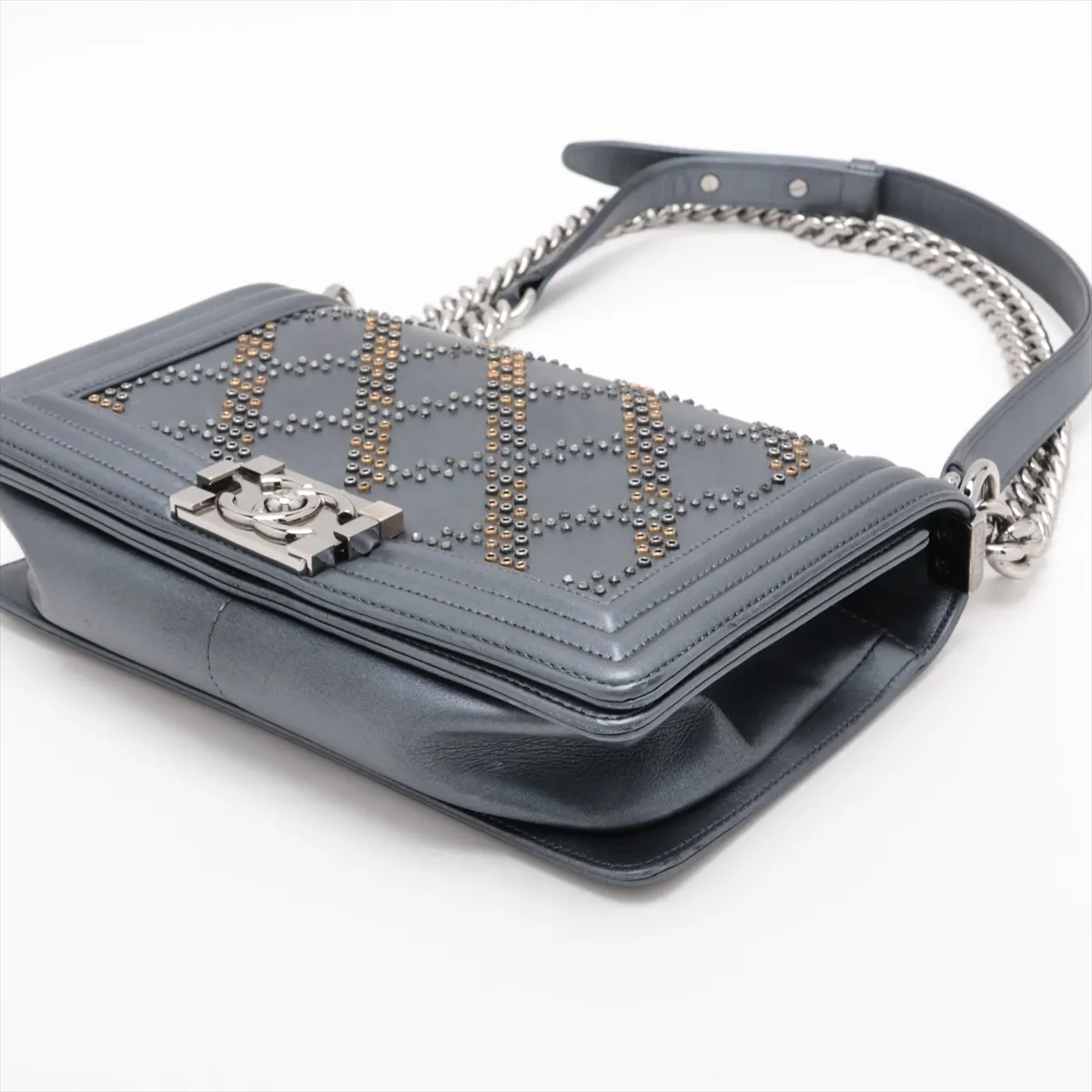 Boy Chanel Leather x Rhinestone Chain Shoulder Bag, Gray, Silver Hardware, 25627449, Serial Number — view 3
