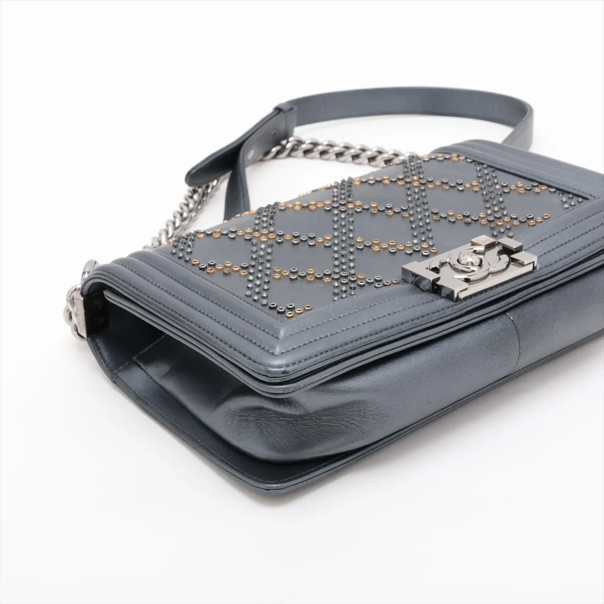 Boy Chanel Leather x Rhinestone Chain Shoulder Bag, Gray, Silver Hardware, 25627449, Serial Number — view 4