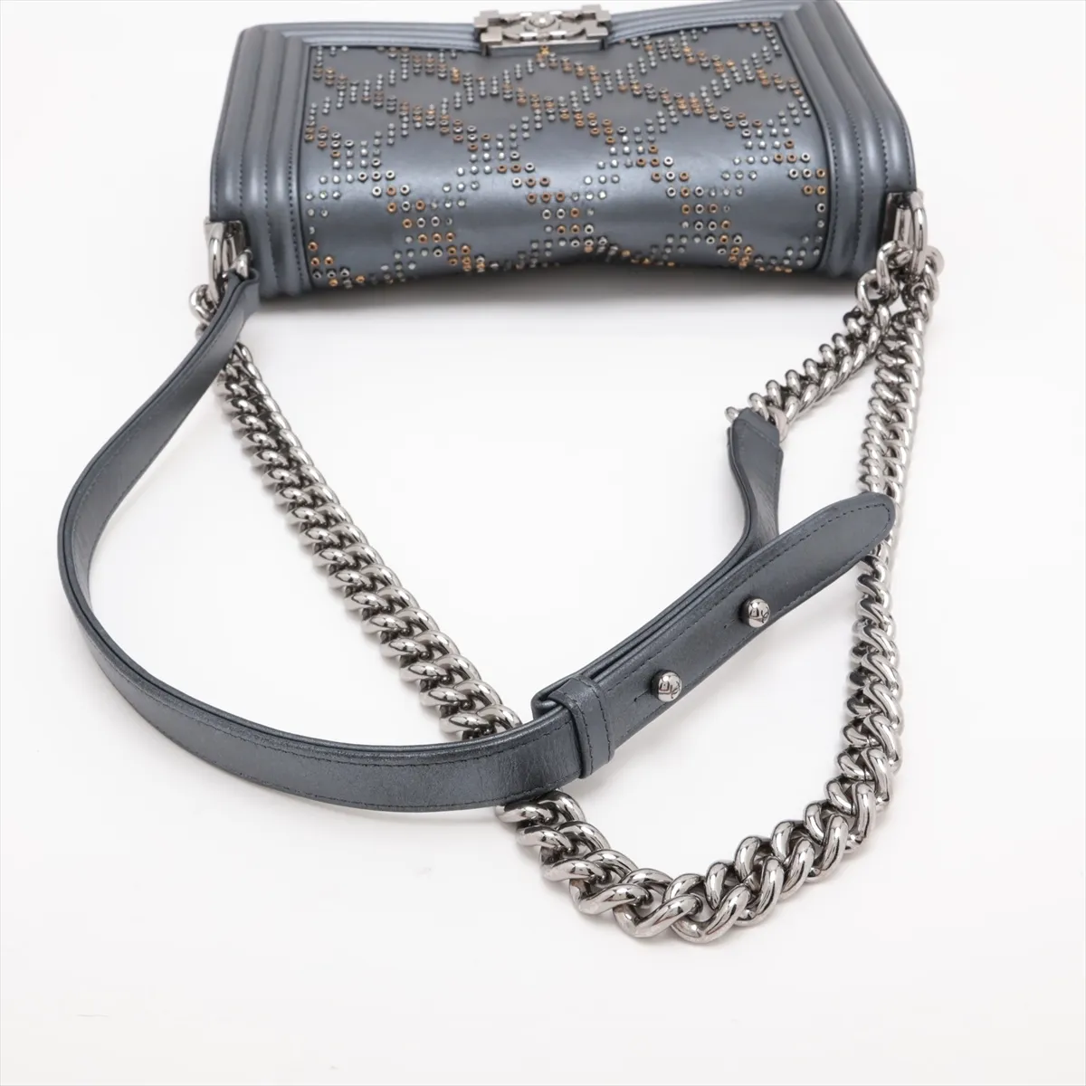 Boy Chanel Leather x Rhinestone Chain Shoulder Bag, Gray, Silver Hardware, 25627449, Serial Number — view 5