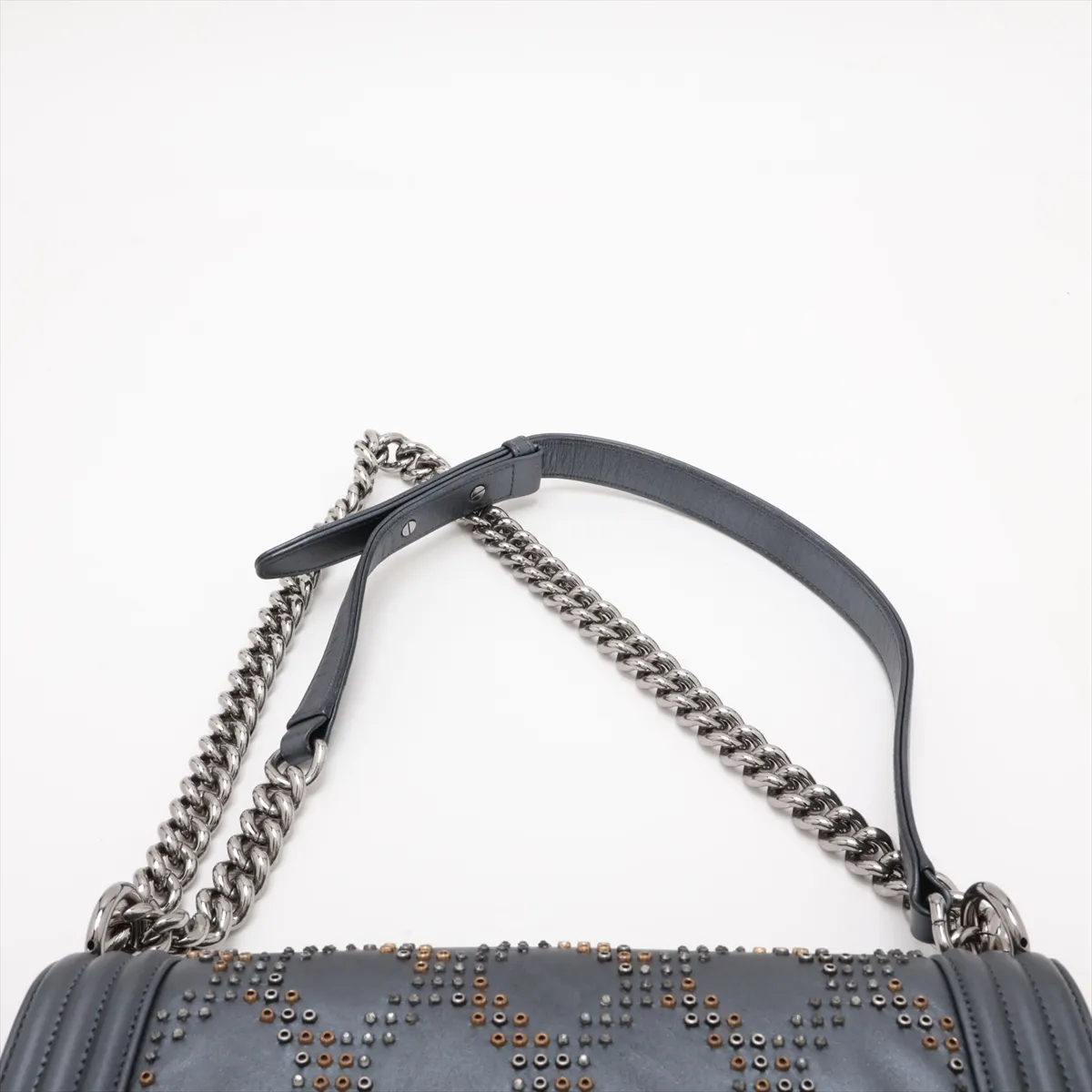 Boy Chanel Leather x Rhinestone Chain Shoulder Bag, Gray, Silver Hardware, 25627449, Serial Number — view 6
