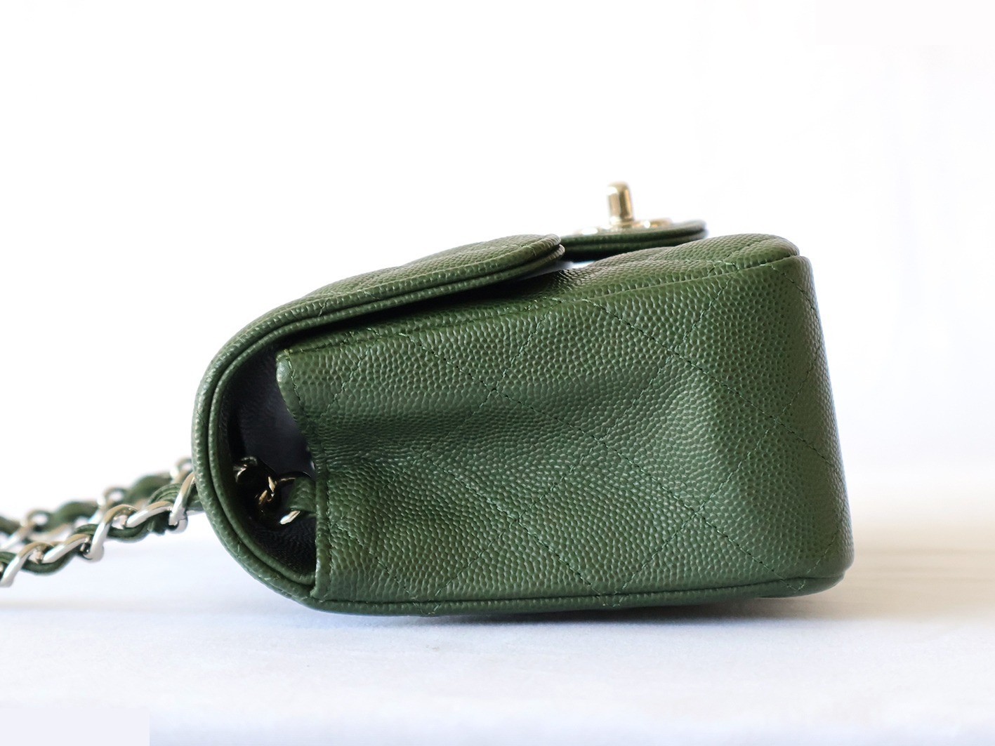 Mini Matelassé 20 Caviar Skin Chain Shoulder Bag, Green — view 6