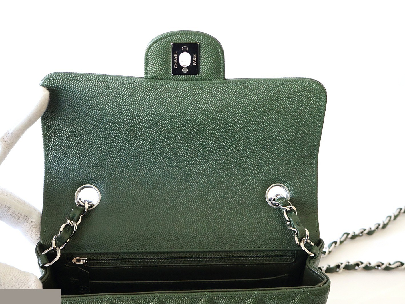 Mini Matelassé 20 Caviar Skin Chain Shoulder Bag, Green — view 10