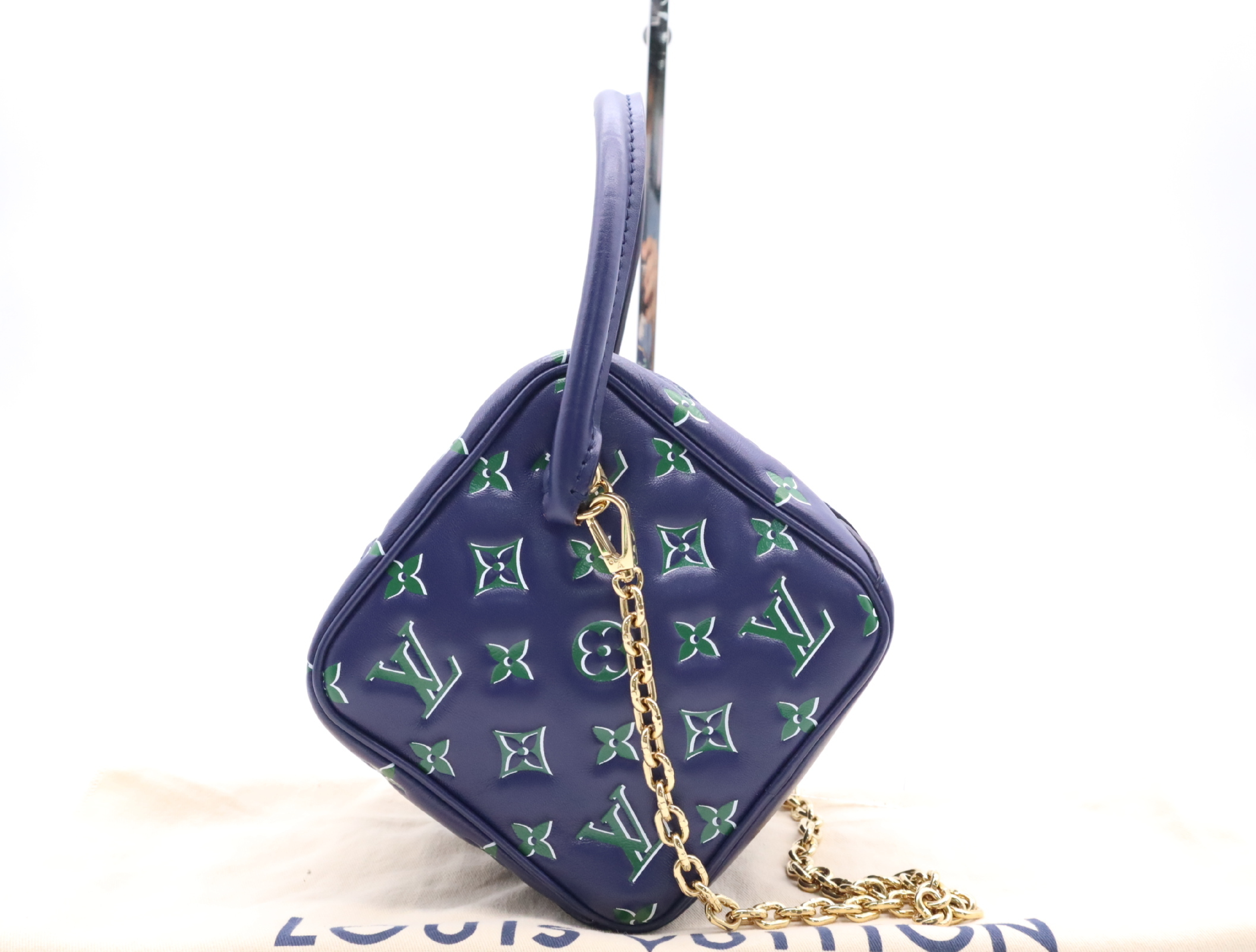 M23464 Monogram Square Bag, Blue/Green, with Chain Shoulder Strap and Dust Bag.