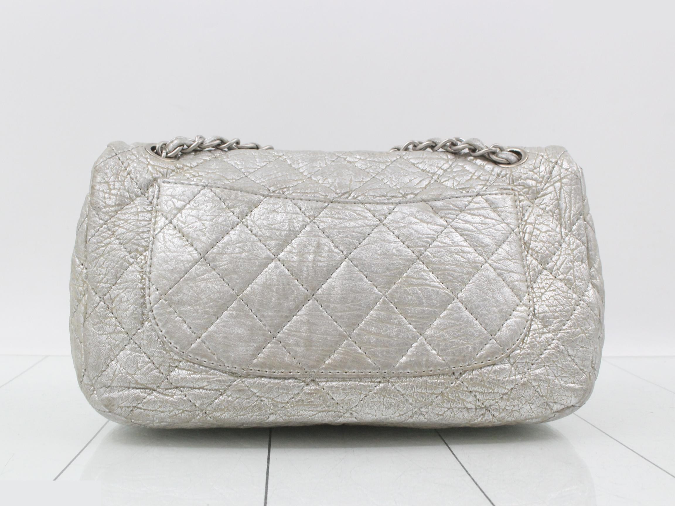 Matelassé Leather Double Chain Shoulder Bag, Silver Color — view 2