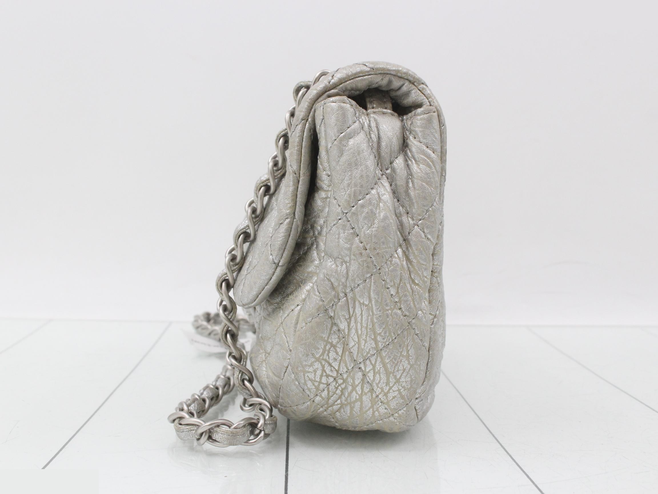 Matelassé Leather Double Chain Shoulder Bag, Silver Color — view 3