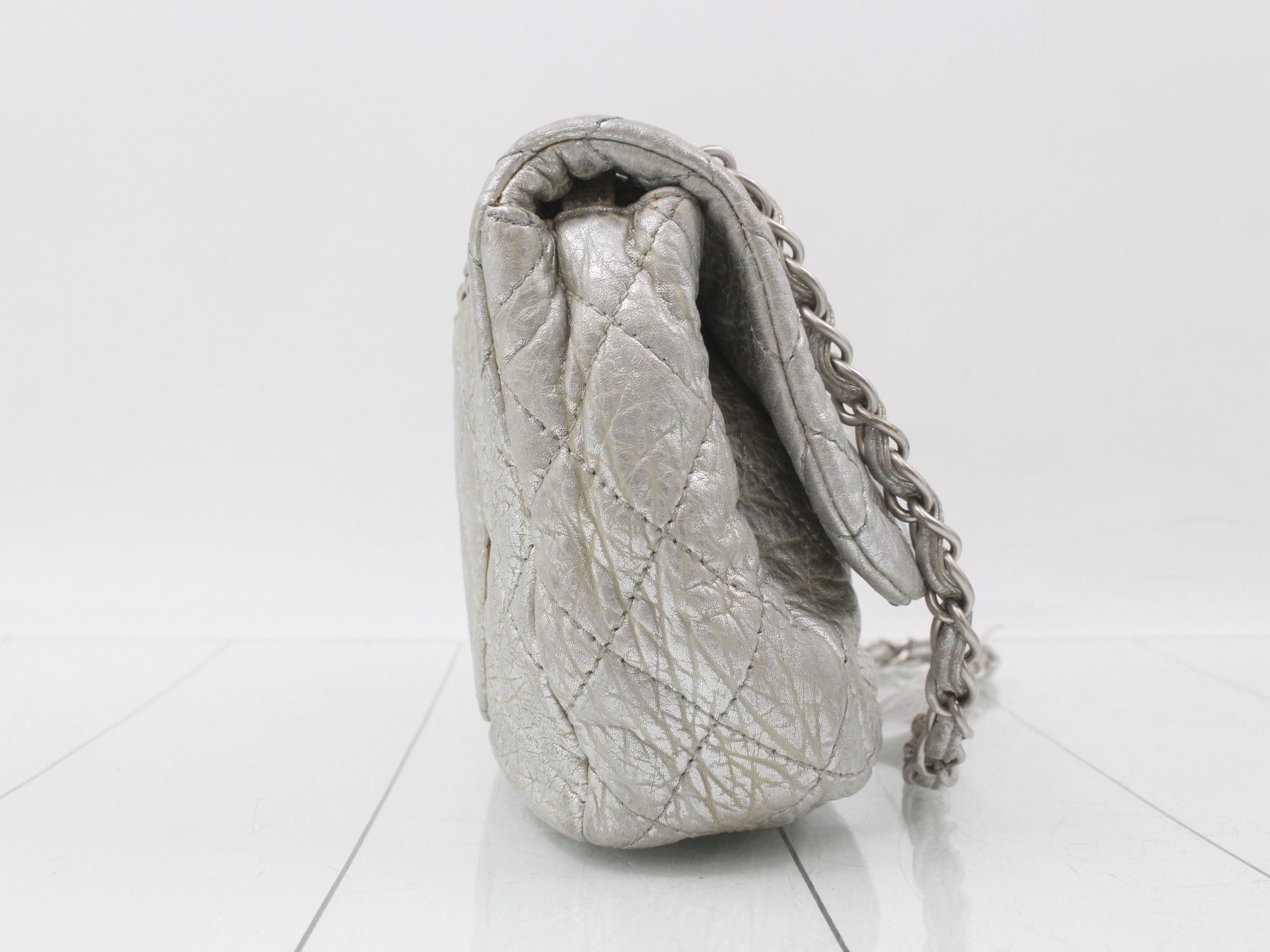 Matelassé Leather Double Chain Shoulder Bag, Silver Color — view 4