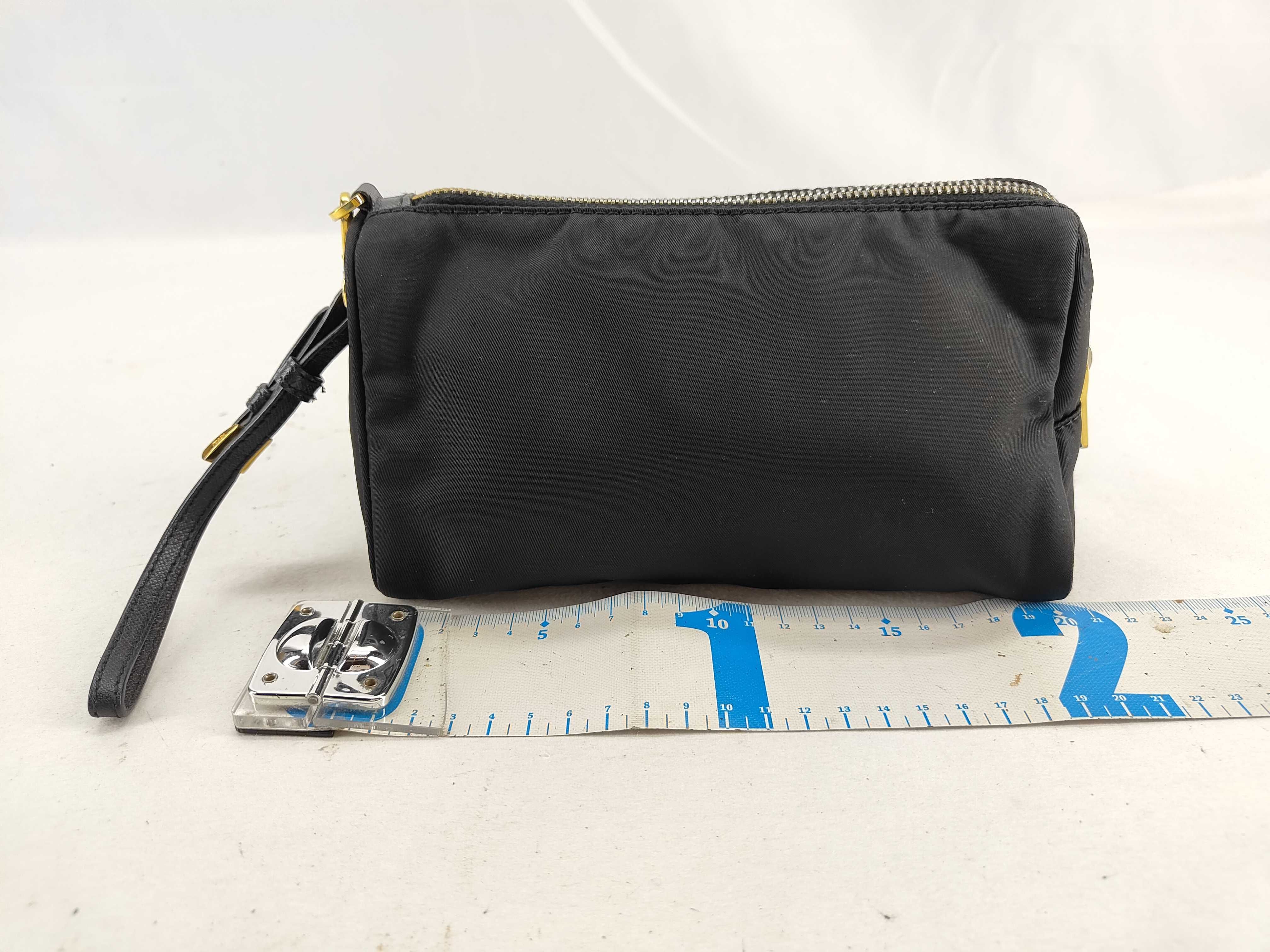 Nylon Logo Plate Pouch with Strap, Saffiano Leather, Black Pouch — view 2