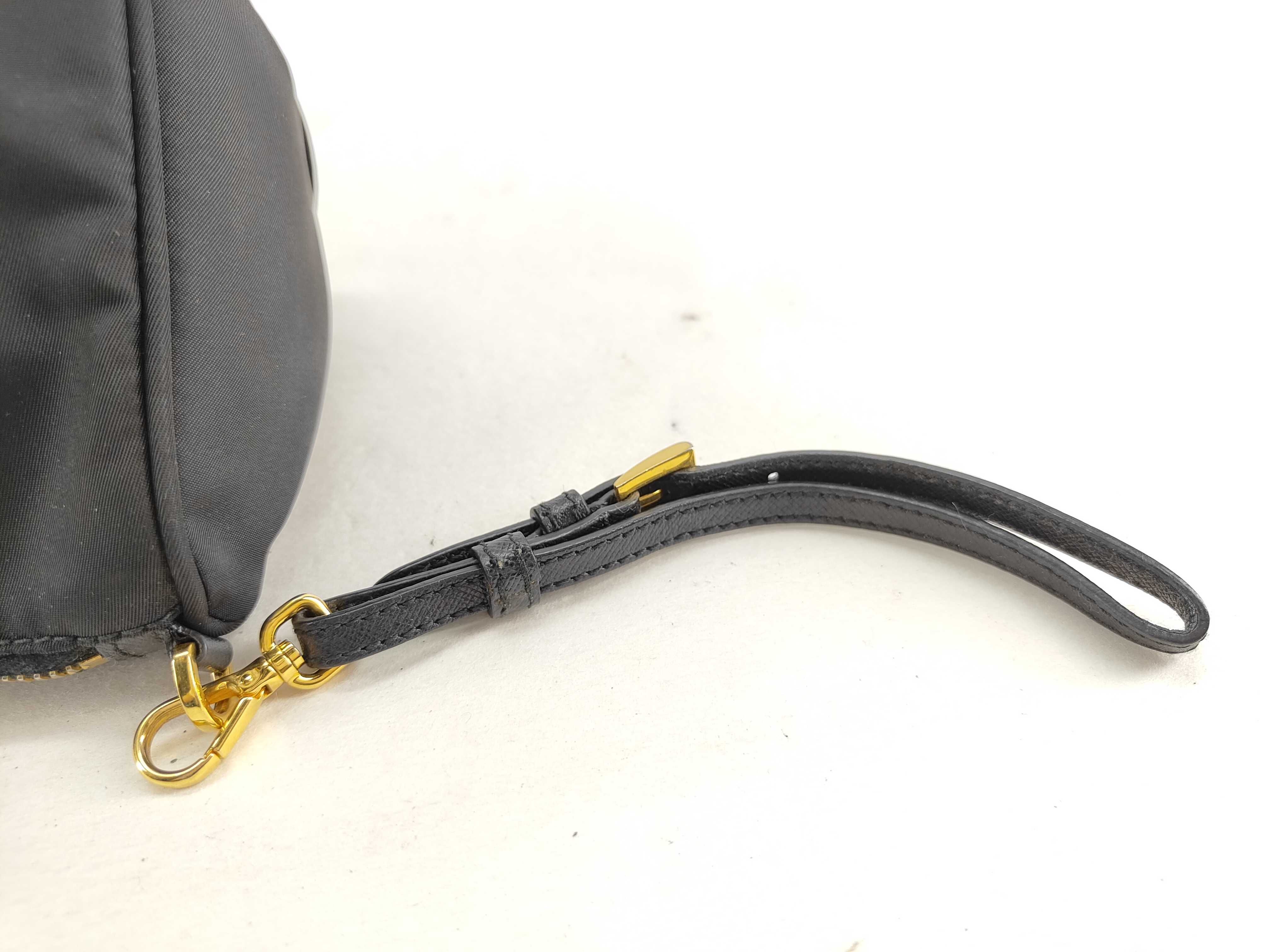 Nylon Logo Plate Pouch with Strap, Saffiano Leather, Black Pouch — view 3