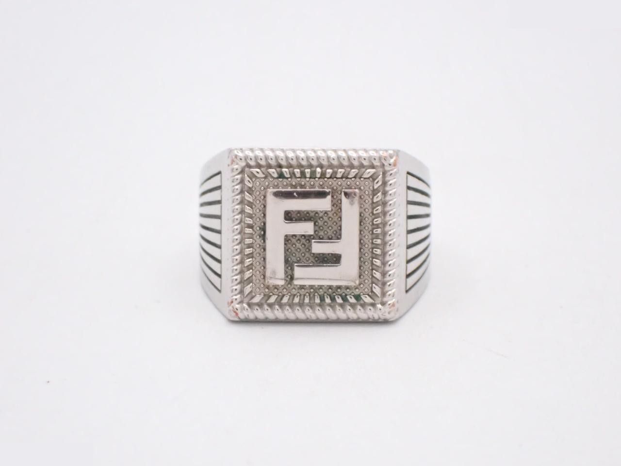 Box included. Fendi FF logo guilloché ring, size #21.