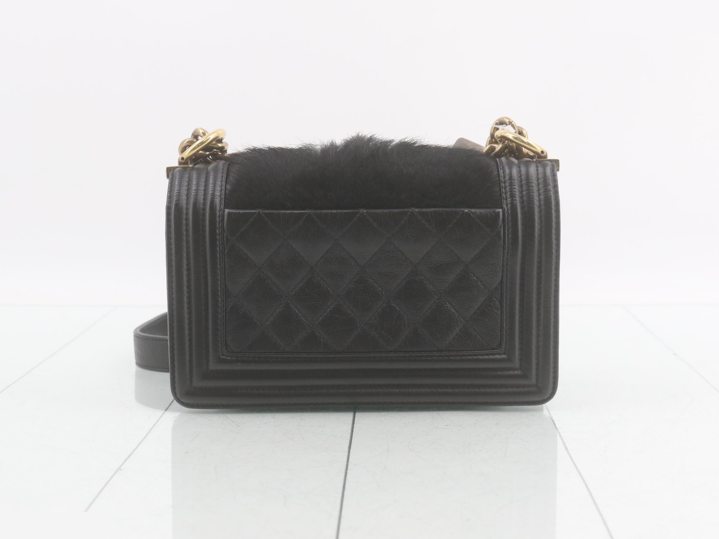 Boy Chanel Fur/Leather Chain Shoulder Bag, Black — view 2