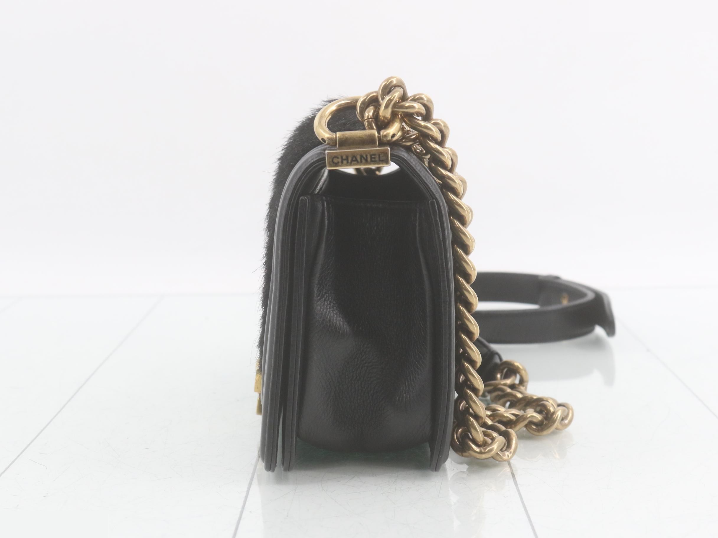 Boy Chanel Fur/Leather Chain Shoulder Bag, Black — view 3