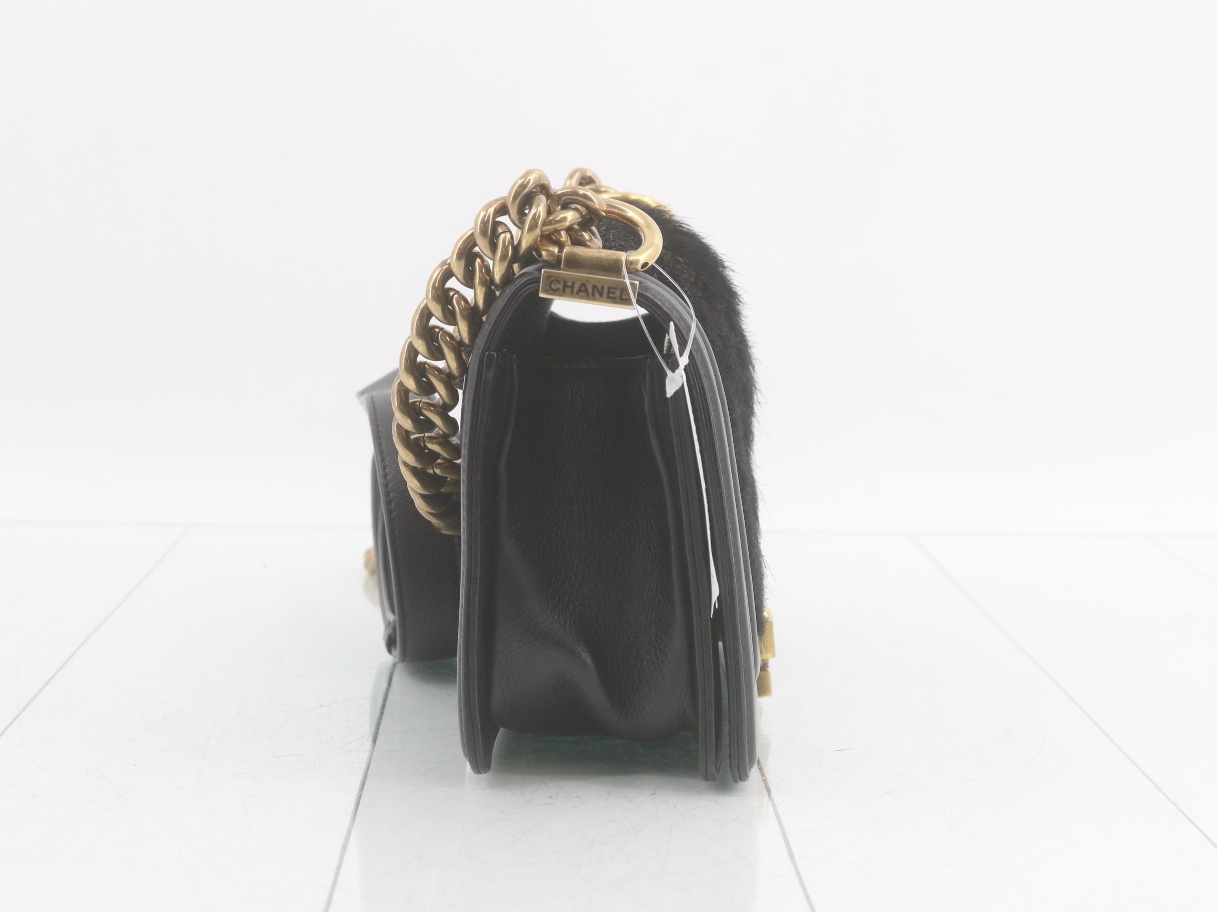 Boy Chanel Fur/Leather Chain Shoulder Bag, Black — view 4