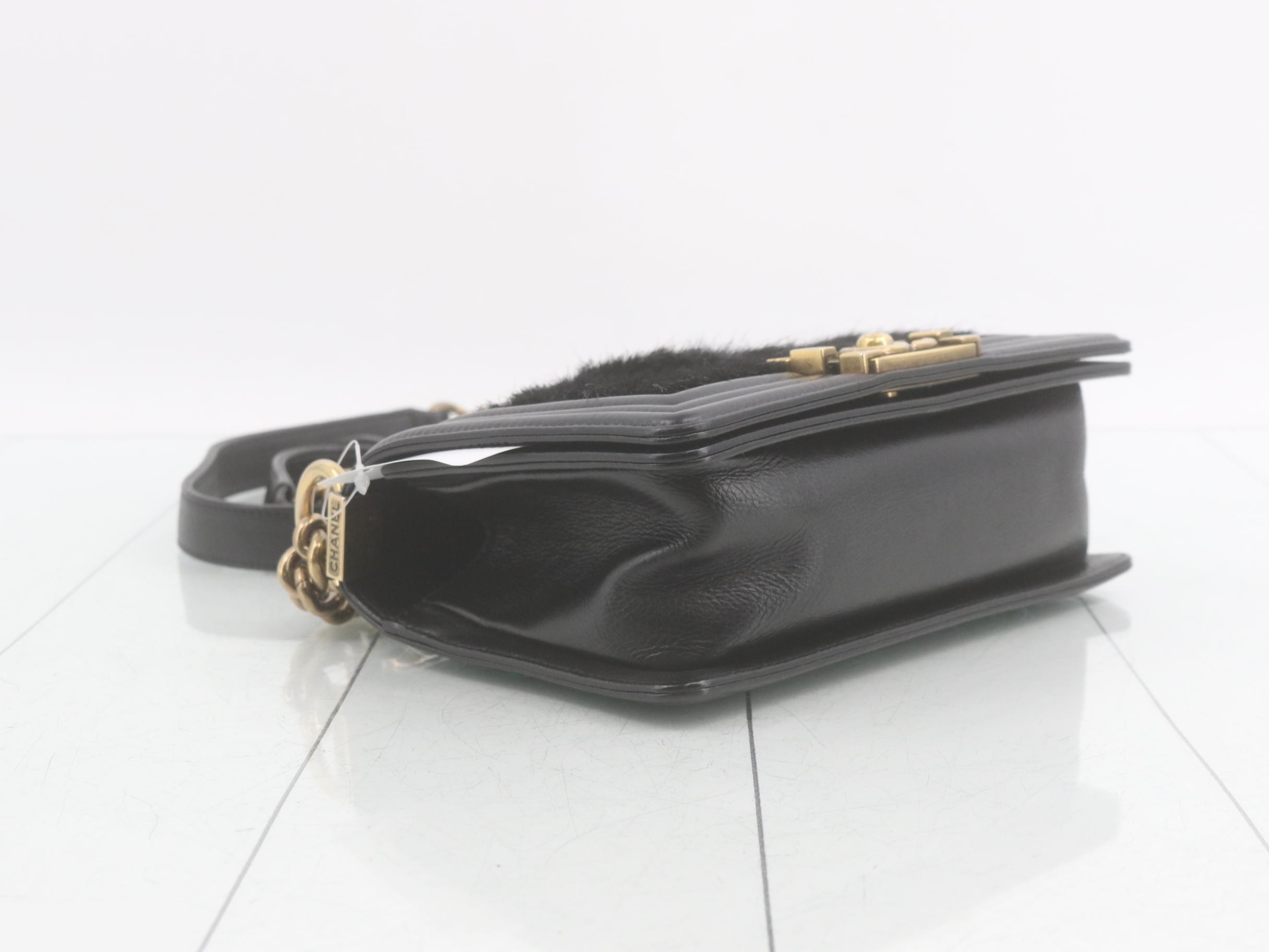 Boy Chanel Fur/Leather Chain Shoulder Bag, Black — view 5