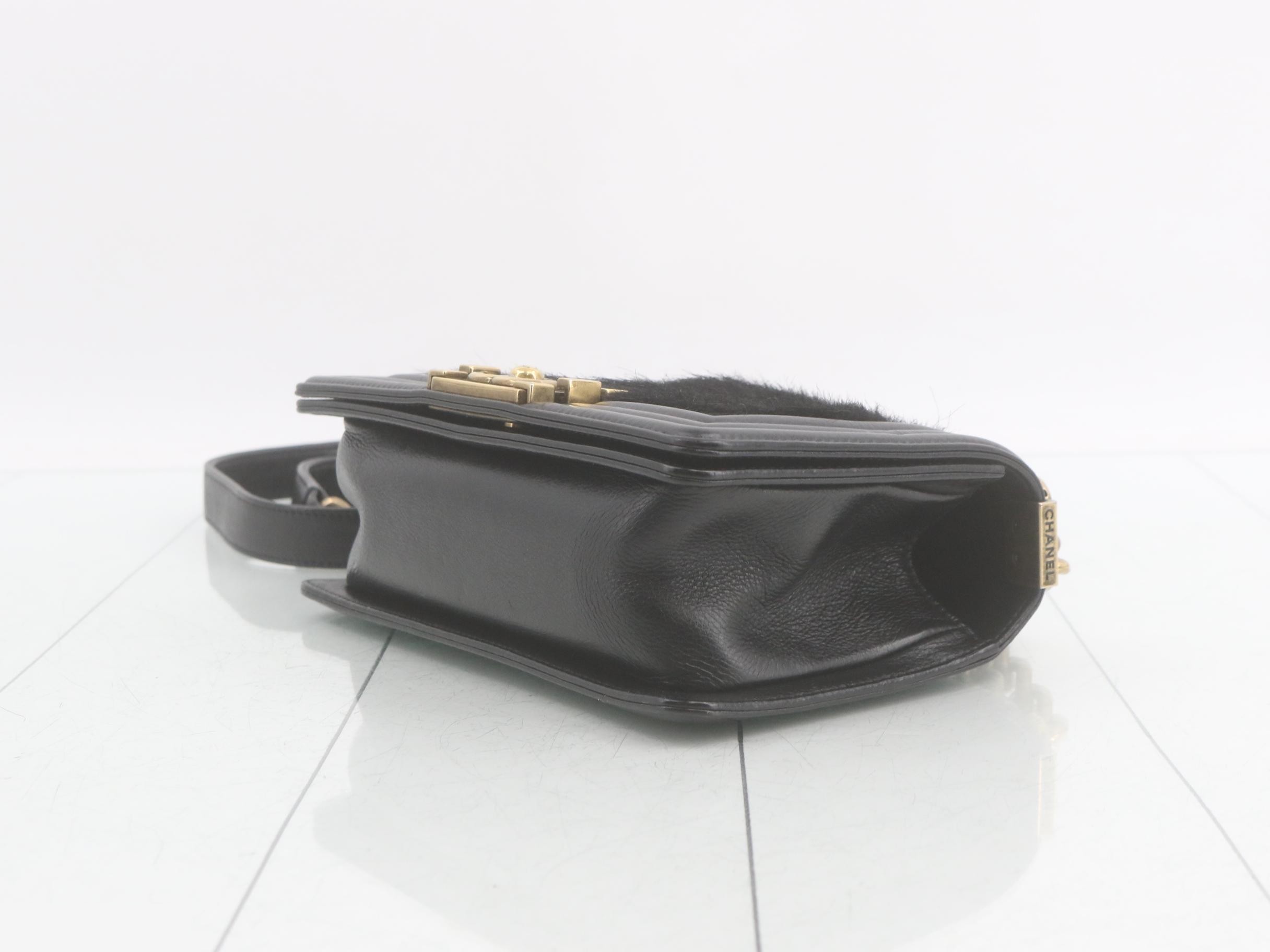 Boy Chanel Fur/Leather Chain Shoulder Bag, Black — view 6