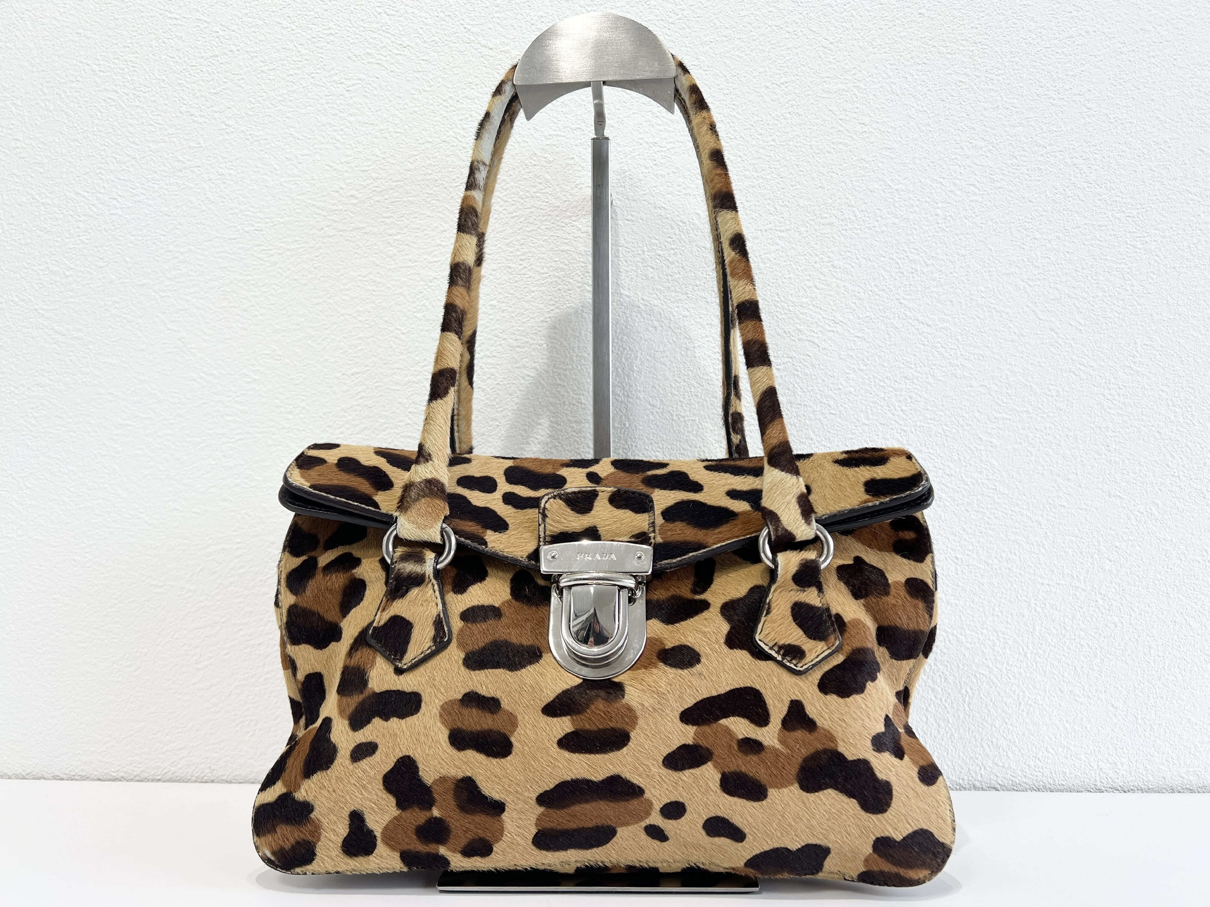 (Prada) Calf Hair Fur Leopard Leather Tote Bag Handbag * Shoulder Bag — view 2