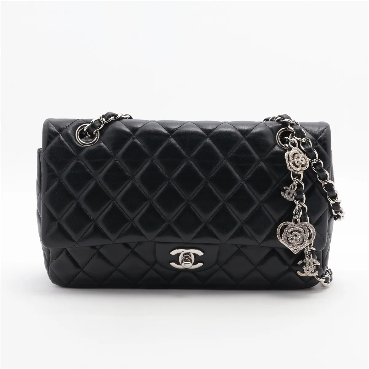 Matelasse Lambskin Single Flap Double Chain Bag Valentine Black Silver Hardware 19212013 19th Series