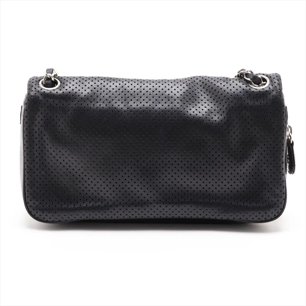 Coco Mark Perforated Leather Single Flap Double Chain Bag, Black with Silver Hardware, 12119118, Series 12 — view 2
