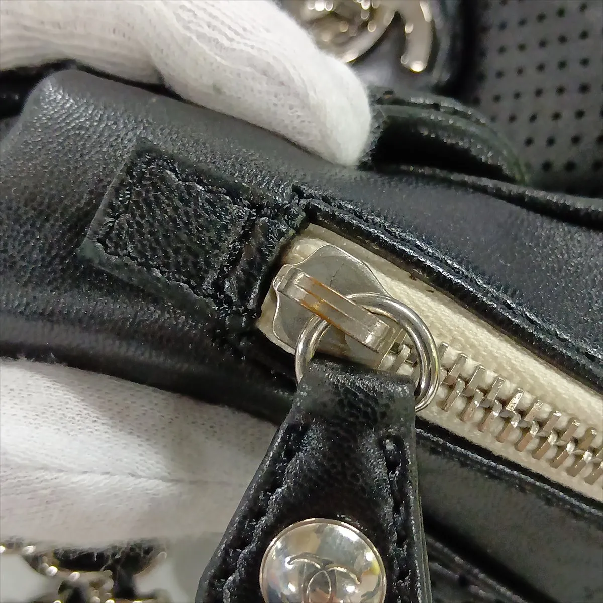 Coco Mark Perforated Leather Single Flap Double Chain Bag, Black with Silver Hardware, 12119118, Series 12 — view 11