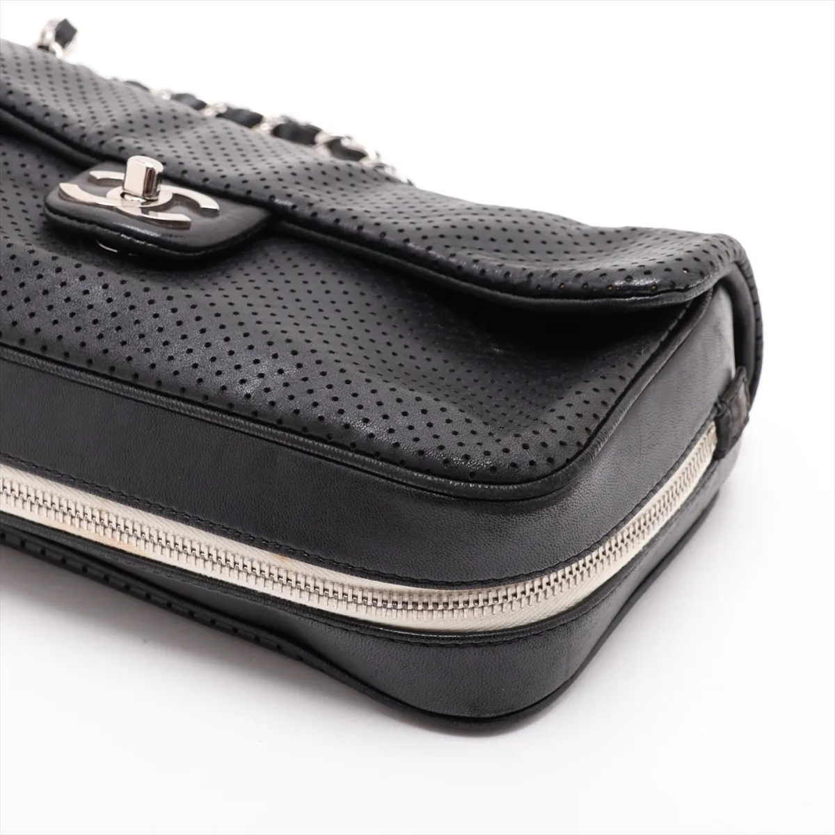 Coco Mark Perforated Leather Single Flap Double Chain Bag, Black with Silver Hardware, 12119118, Series 12 — view 3