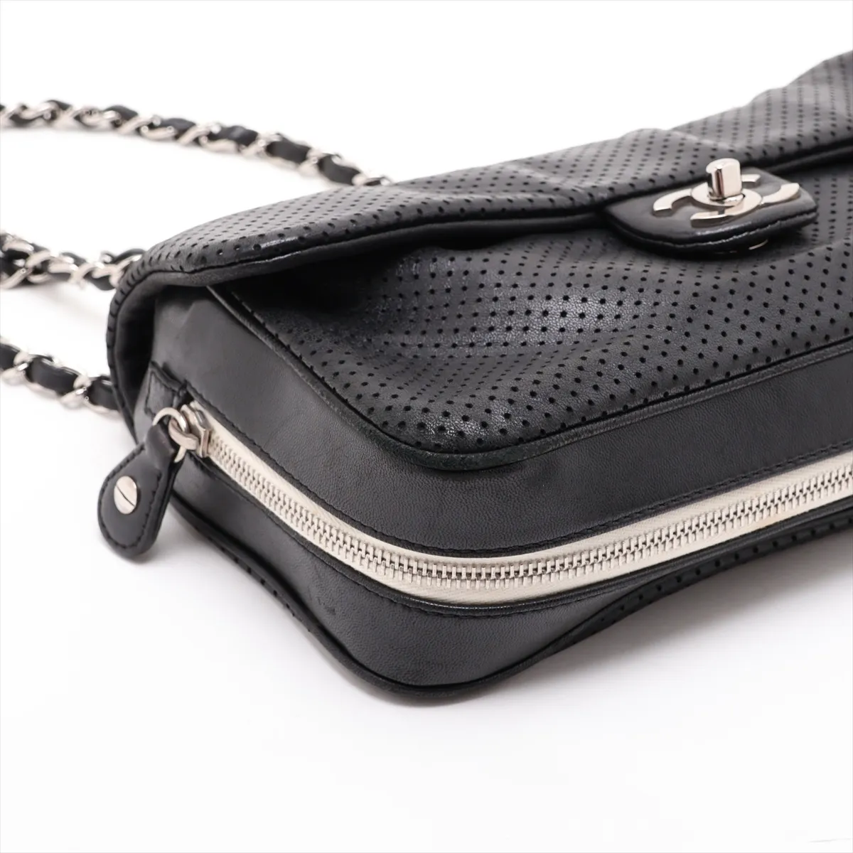 Coco Mark Perforated Leather Single Flap Double Chain Bag, Black with Silver Hardware, 12119118, Series 12 — view 4