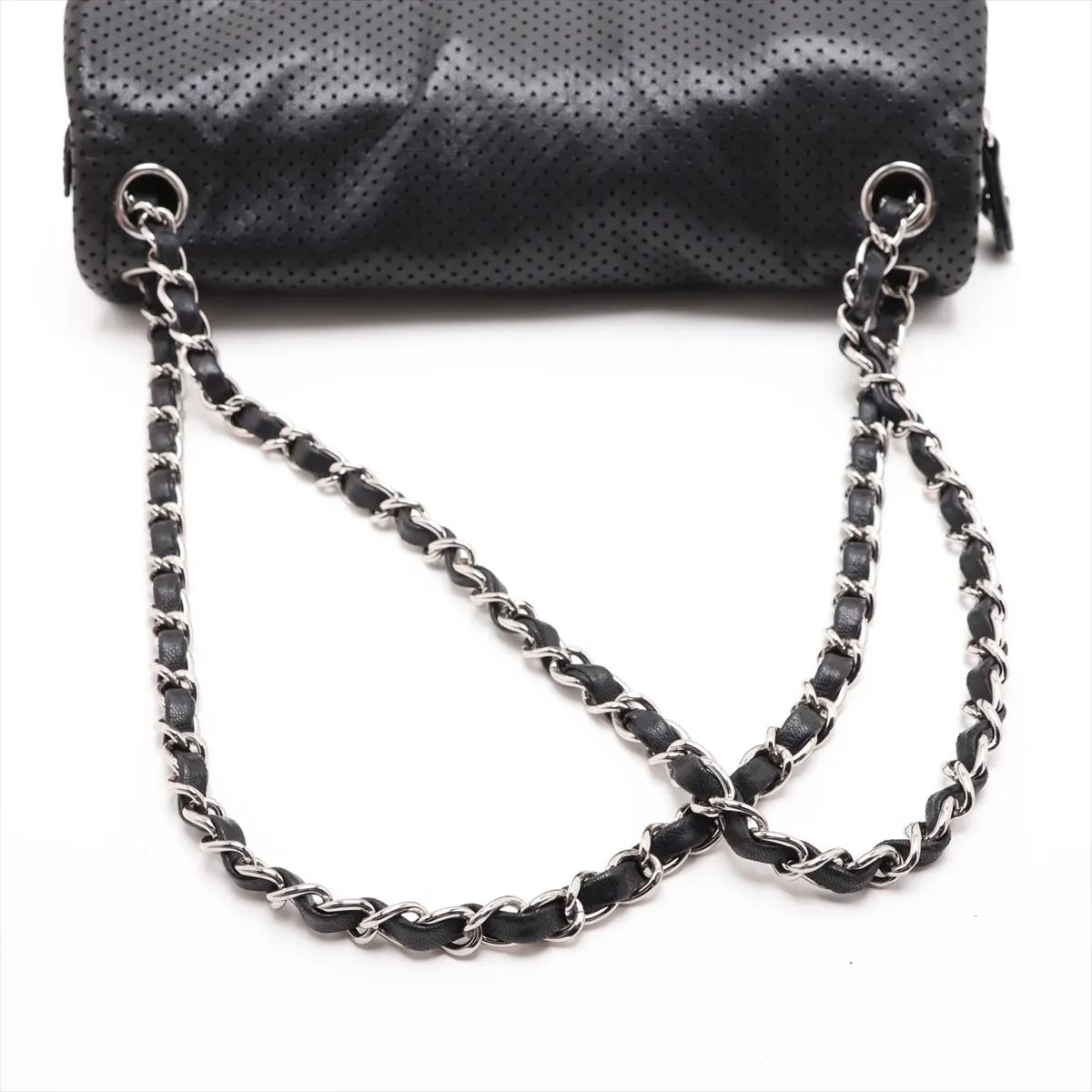 Coco Mark Perforated Leather Single Flap Double Chain Bag, Black with Silver Hardware, 12119118, Series 12 — view 5