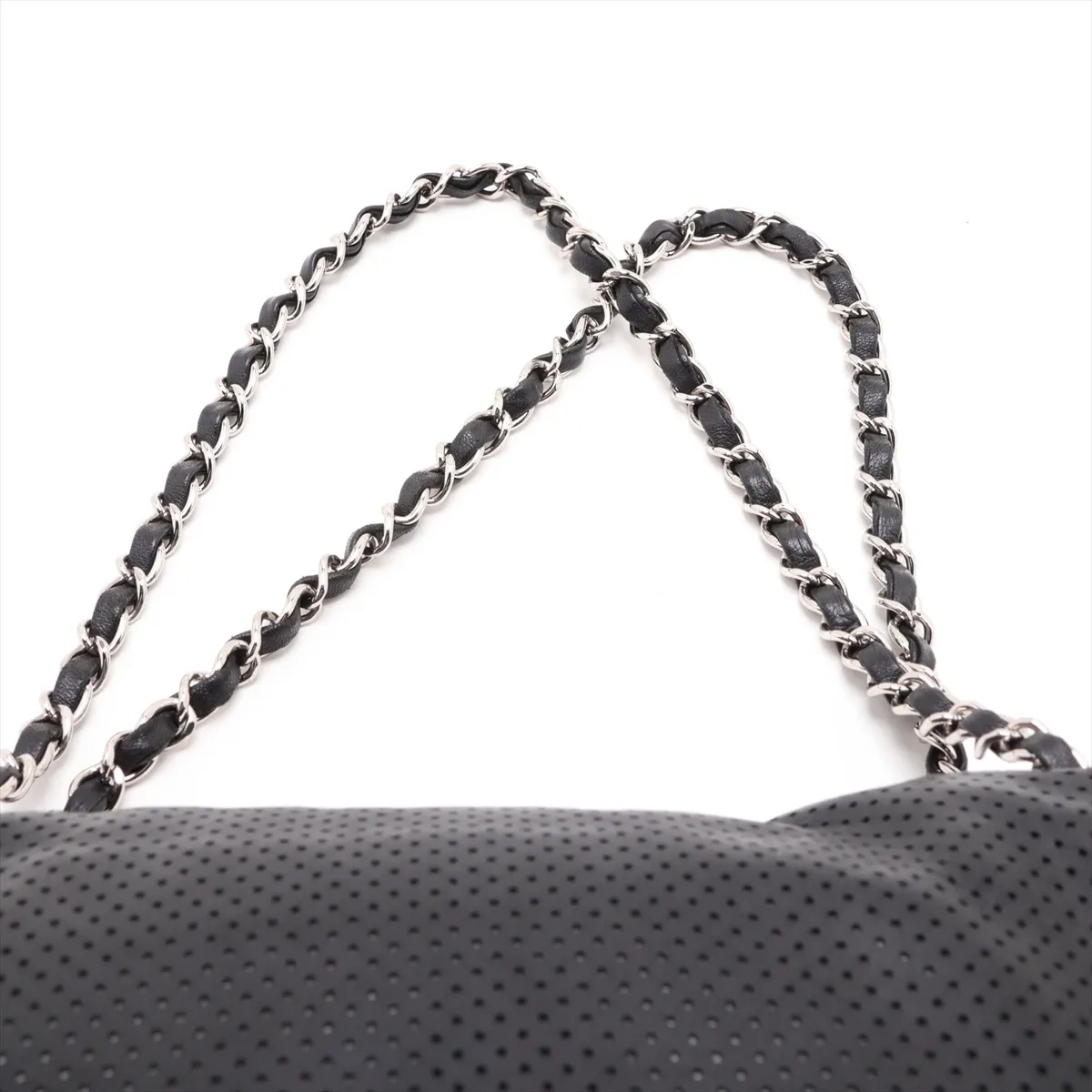 Coco Mark Perforated Leather Single Flap Double Chain Bag, Black with Silver Hardware, 12119118, Series 12 — view 6