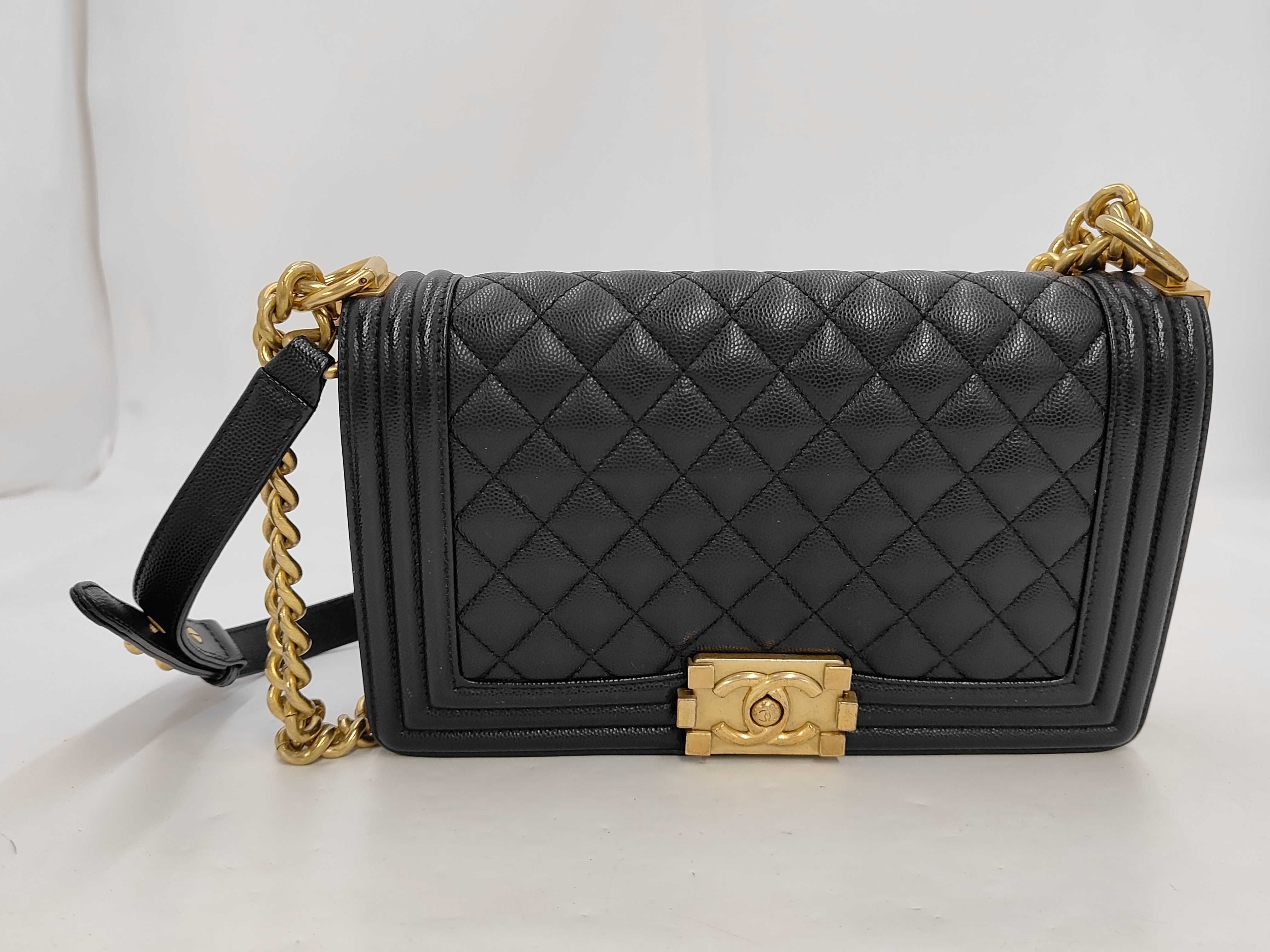 Boy Chanel 25 Caviar Skin Gold Hardware Chain Shoulder Bag with Serial Number Plate, Black Shoulder Bag