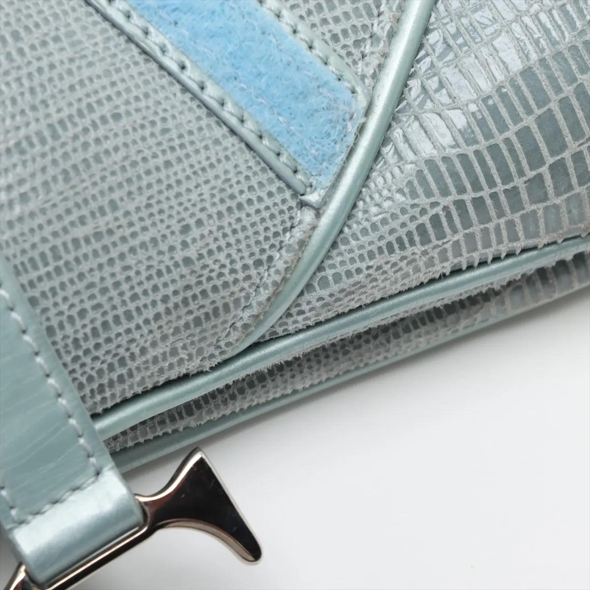 Double Saddle Lizard Embossed x Leather Shoulder Bag Blue — view 12