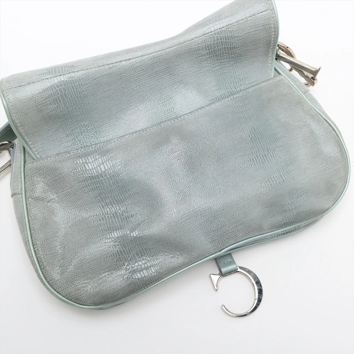 Double Saddle Lizard Embossed x Leather Shoulder Bag Blue — view 14