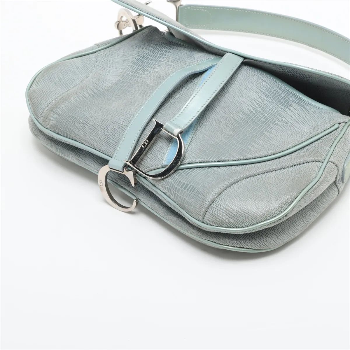 Double Saddle Lizard Embossed x Leather Shoulder Bag Blue — view 3