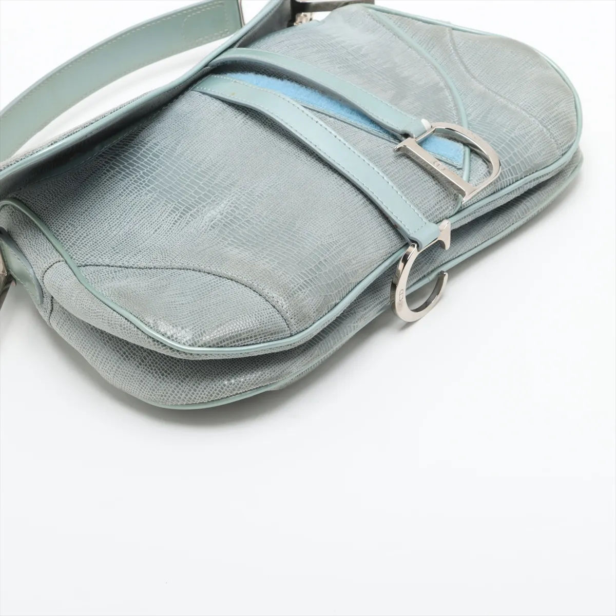 Double Saddle Lizard Embossed x Leather Shoulder Bag Blue — view 4