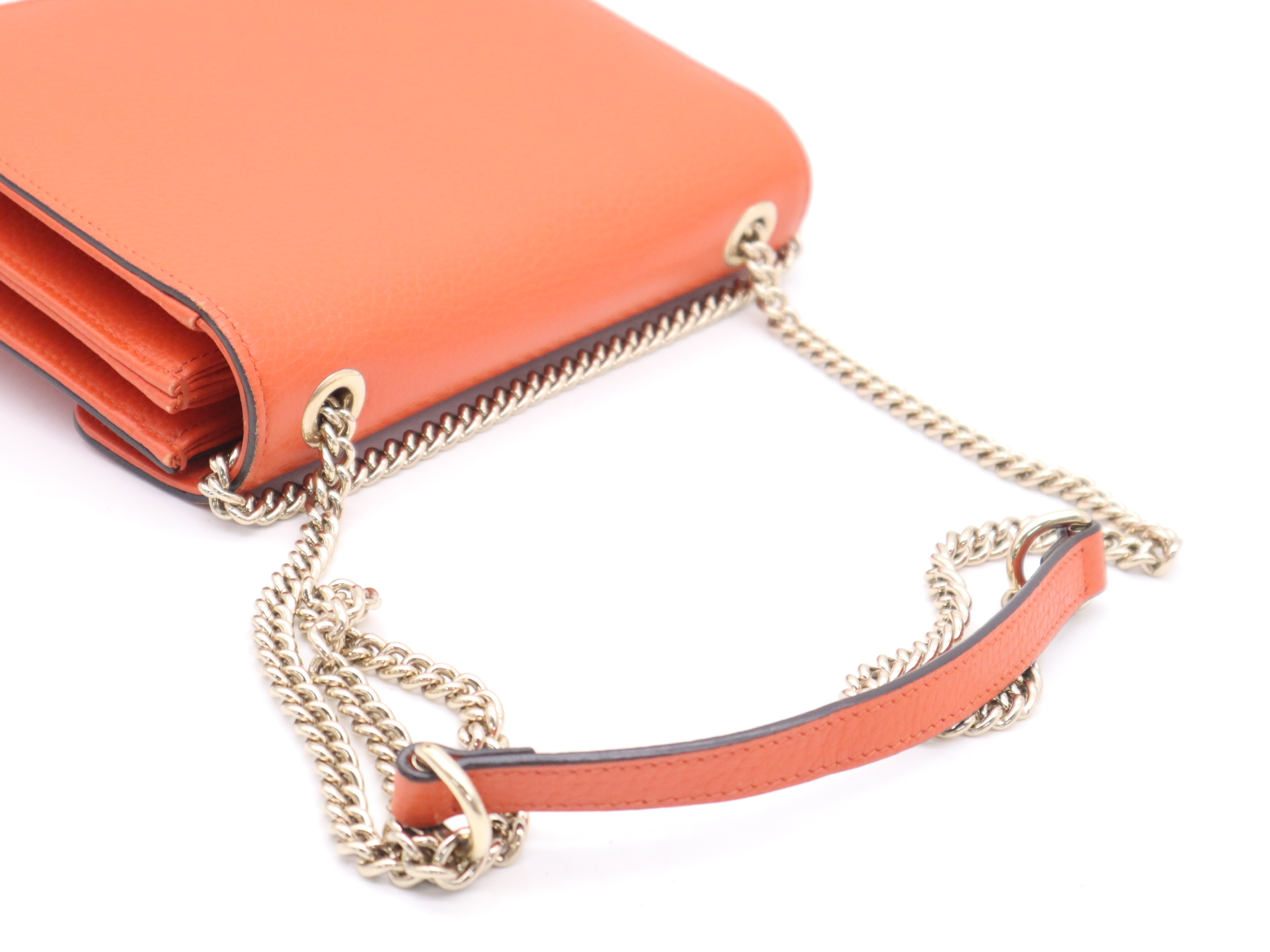 510304 Leather Interlocking Chain Orange Gold Hardware Shoulder Bag — view 6