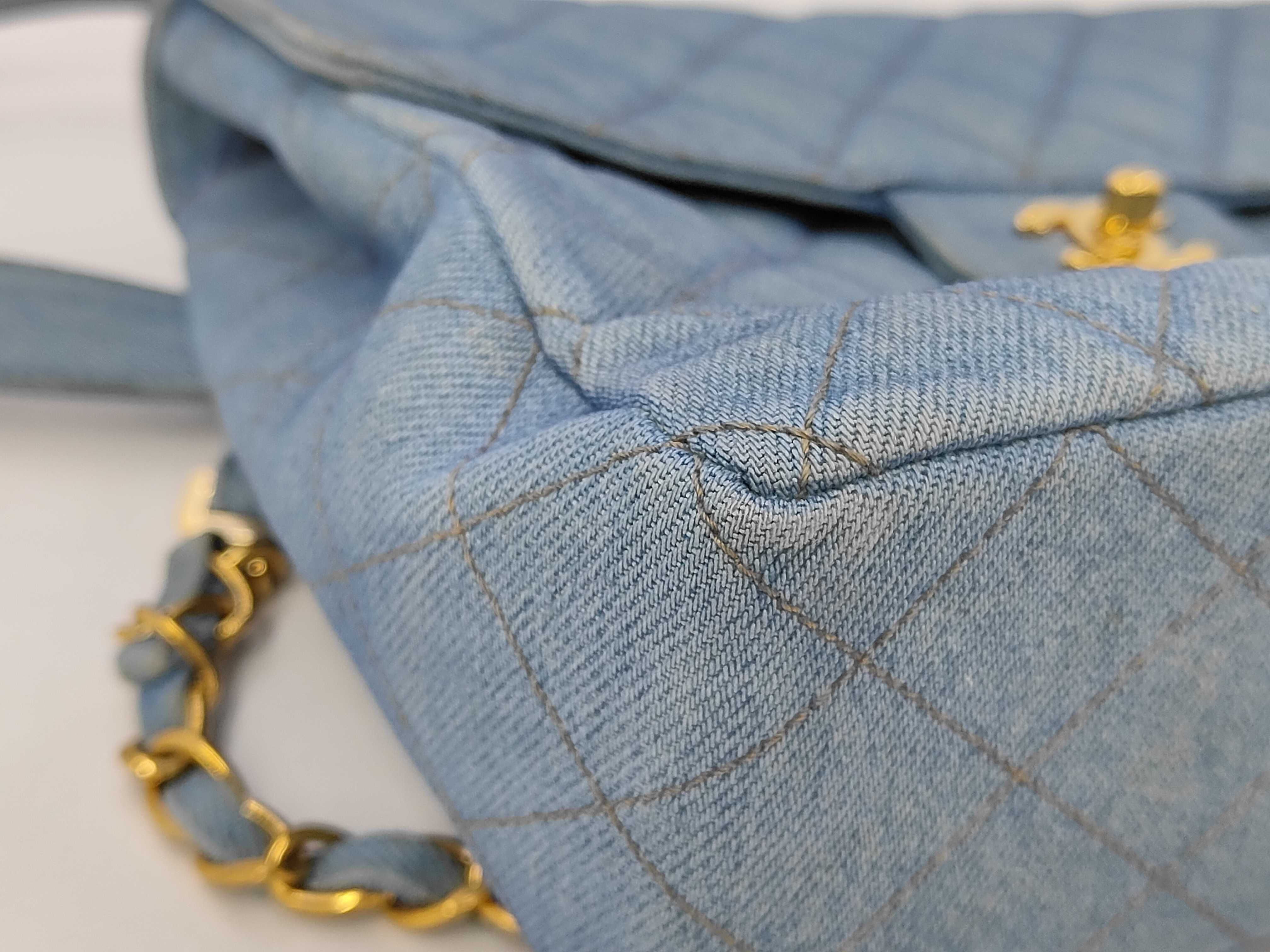 denim backpack with gold hardware and chain strap (model number 4) — view 6
