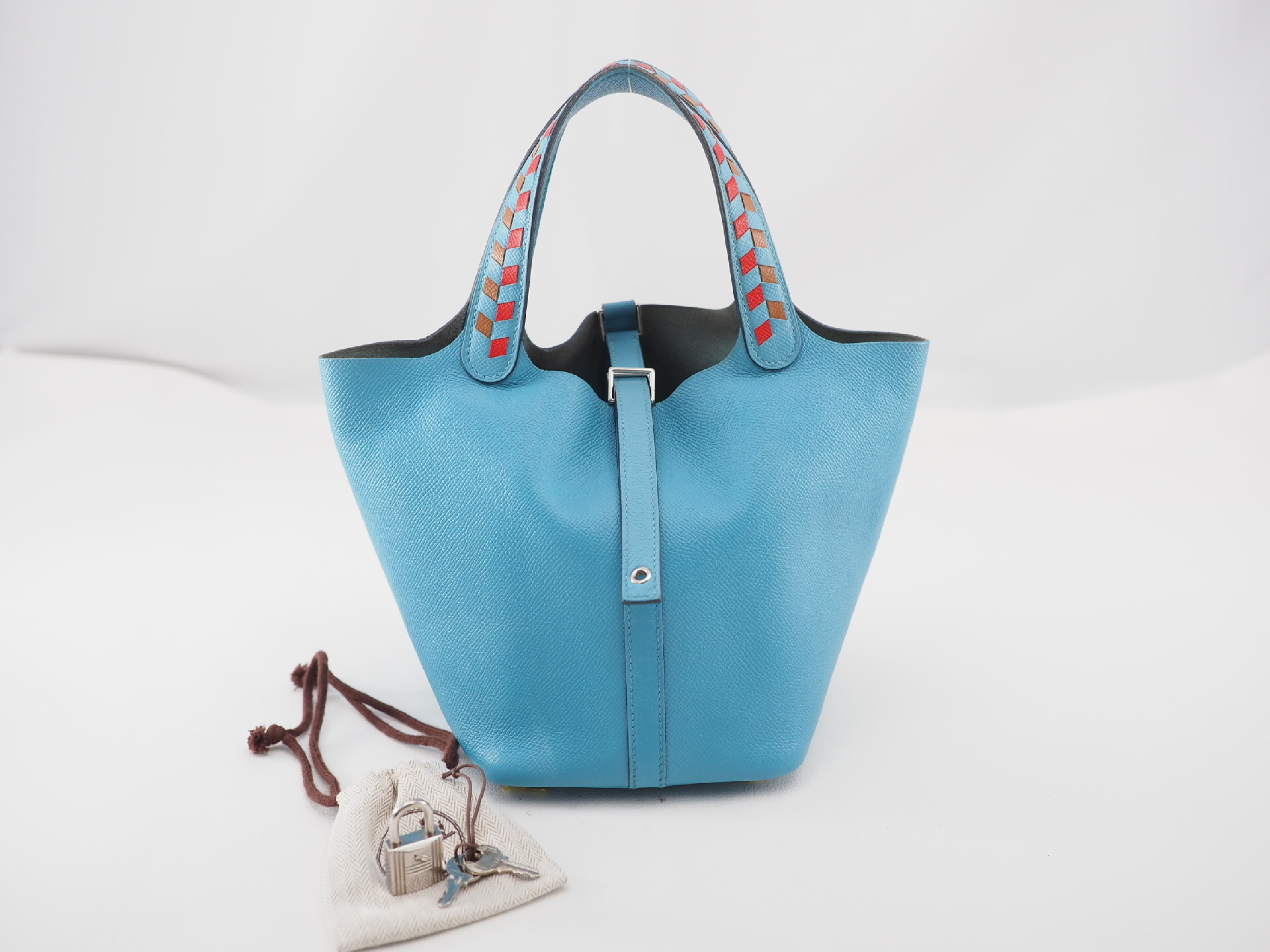 2019 Picotin Lock PM Tressage Epsom Leather Handbag (Blue Nord x Rouge Coeur x Gold)