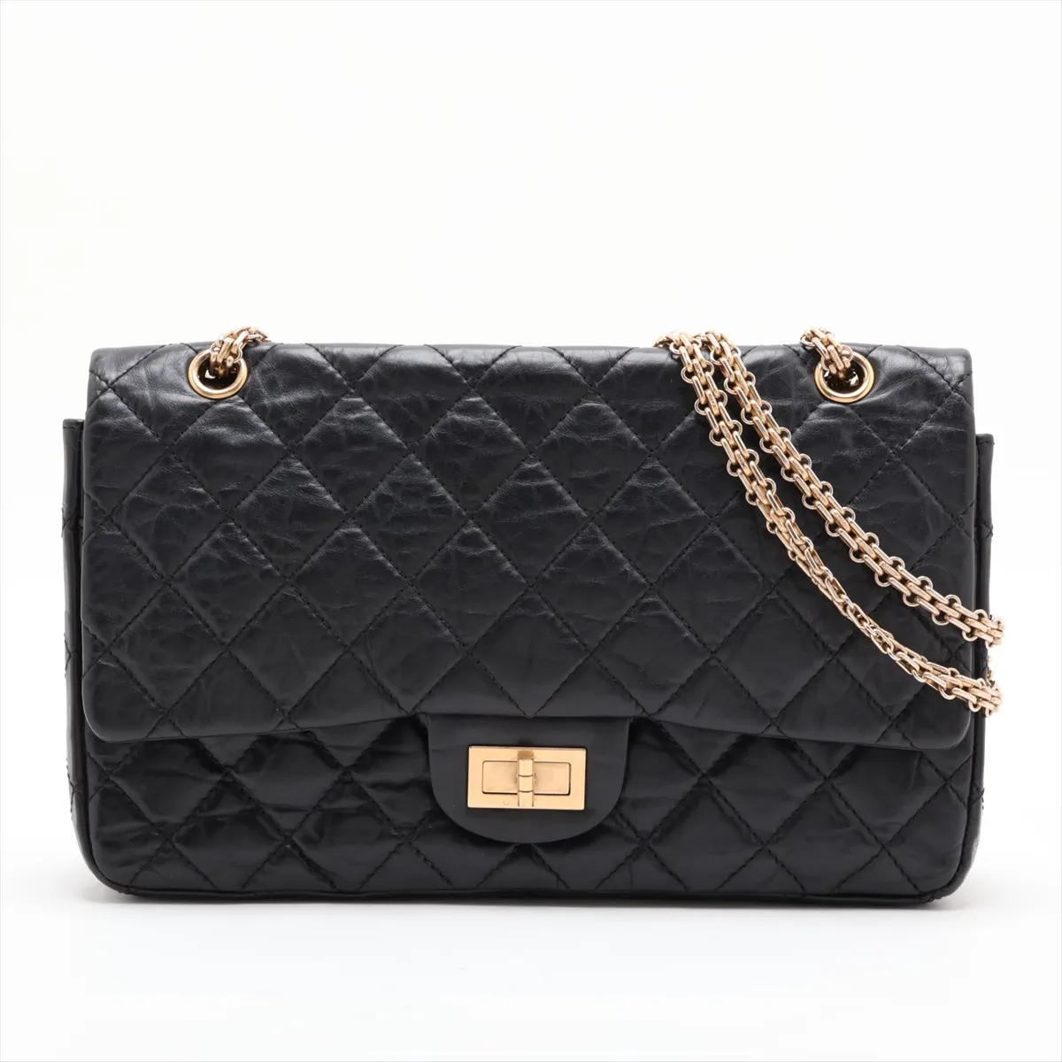 Matelassé 2.55 Maxi Vintage Calf Double Flap Double Chain Bag, Black with Gold Hardware, A37590