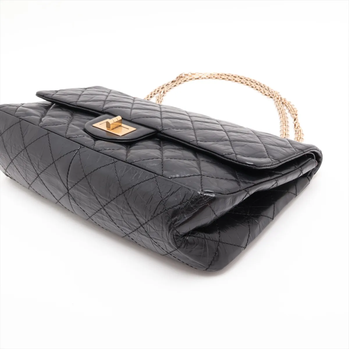 Matelassé 2.55 Maxi Vintage Calf Double Flap Double Chain Bag, Black with Gold Hardware, A37590 — view 3