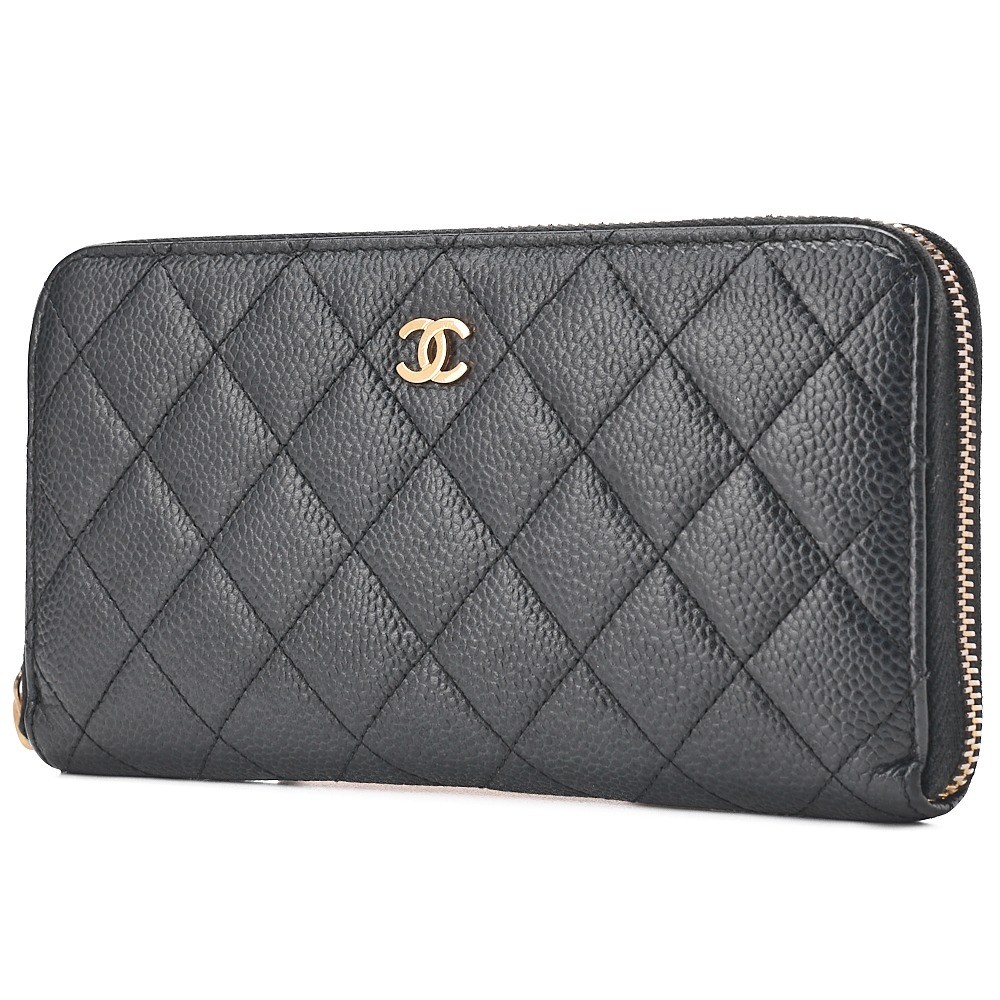 Caviar leather Matelassé round long wallet, black, gold hardware, serial number 16 series. — view 4