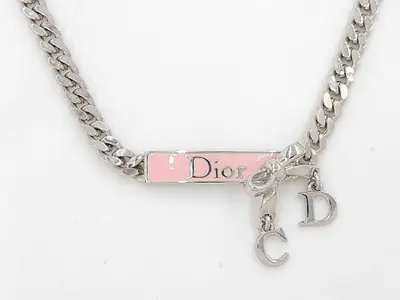 Logo Plate Ribbon Silver x Pink Choker Necklace