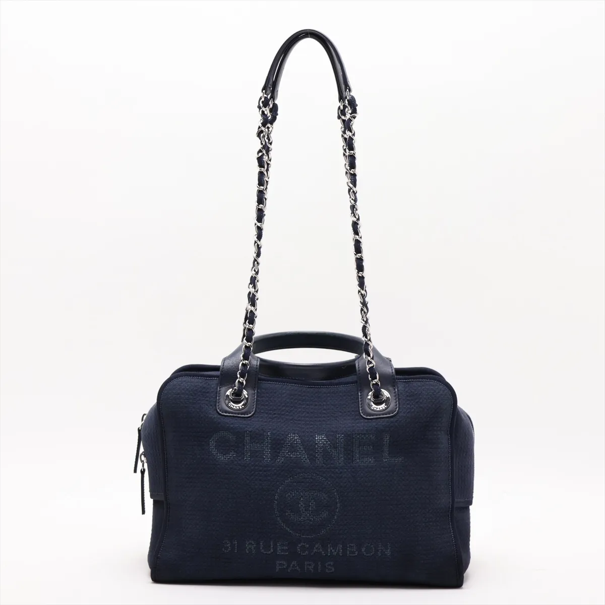 Deauville Canvas x Leather 2-Way Handbag, Navy, Silver Hardware, CEHHA56A, Random Plate