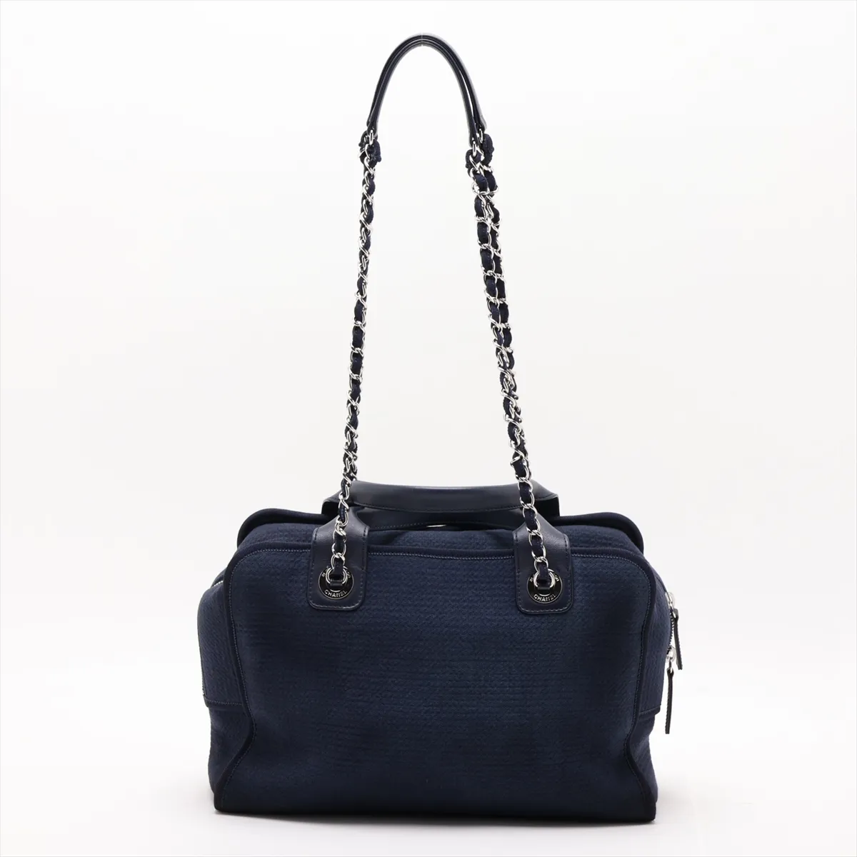 Deauville Canvas x Leather 2-Way Handbag, Navy, Silver Hardware, CEHHA56A, Random Plate — view 2